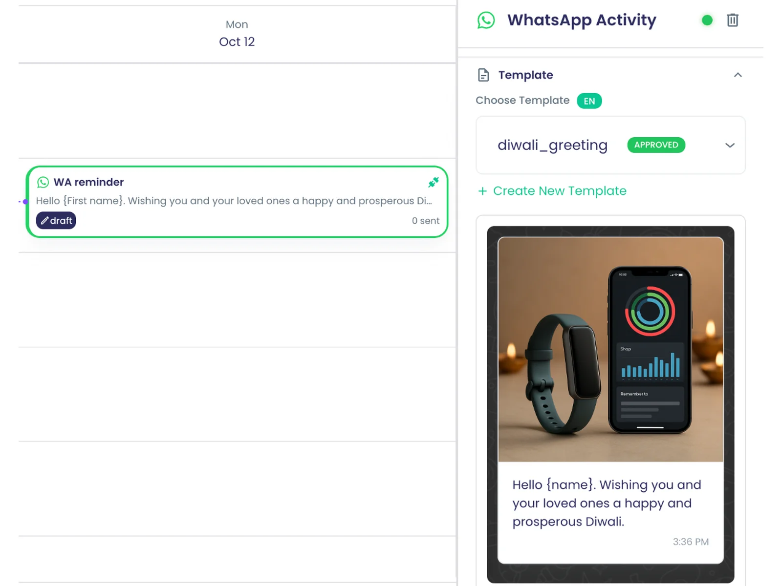 The WhatsApp Activity panel for the AH-W3 reminder step: an approved template with an image header, its phone preview and the Create New Template link.