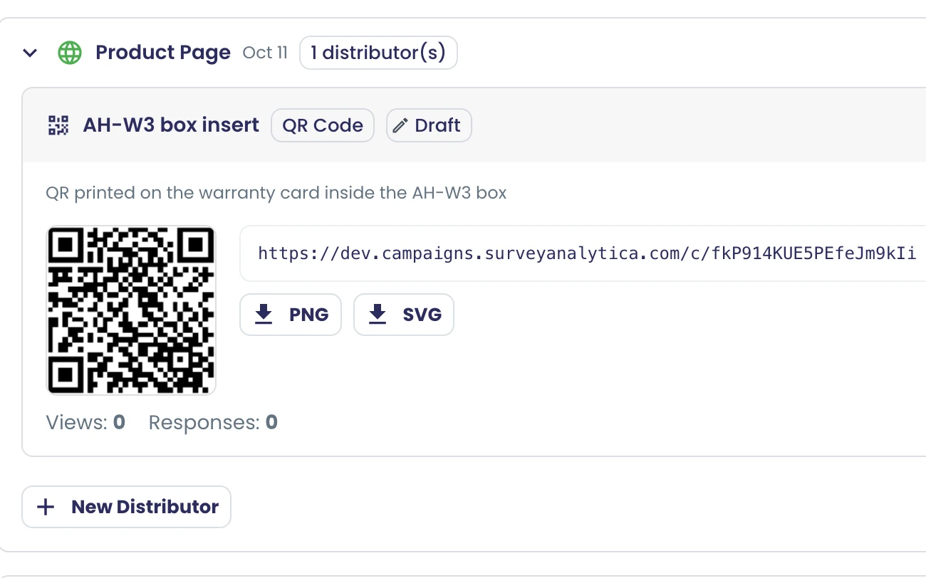 A QR Code distributor named AH-W3 box insert, printed on the warranty card, with its campaign link and PNG and SVG download buttons.