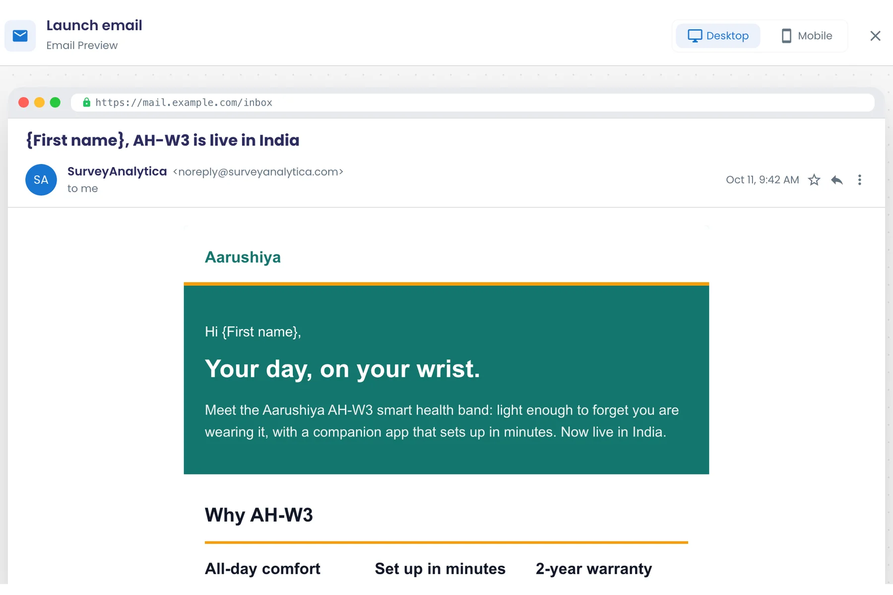 Email Preview of the AH-W3 launch email in a desktop mail frame, with Desktop and Mobile switches.
