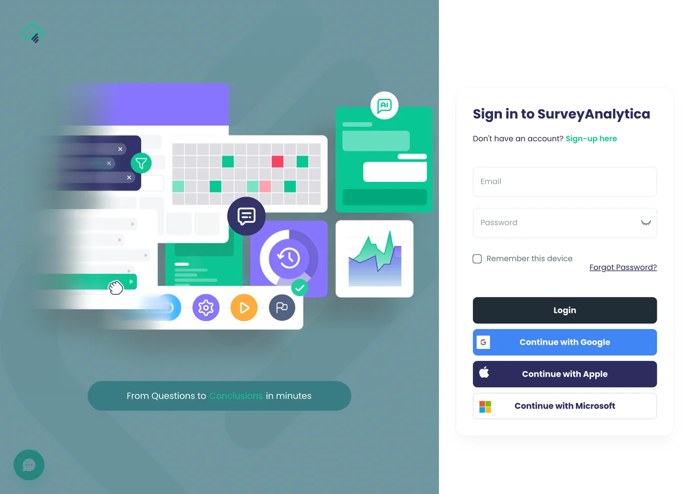 Sign-in page with email and password, and Continue with Google, Apple and Microsoft buttons