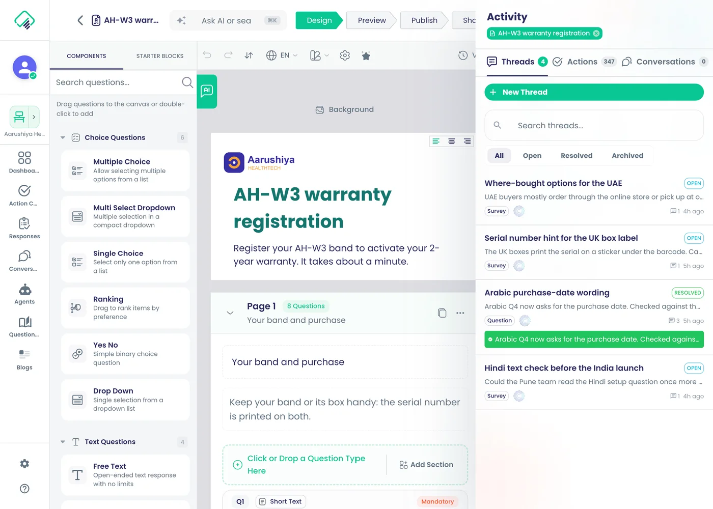 Survey designer with the Activity drawer open, listing the threads on a fictional Aarushiya Healthtech warranty survey