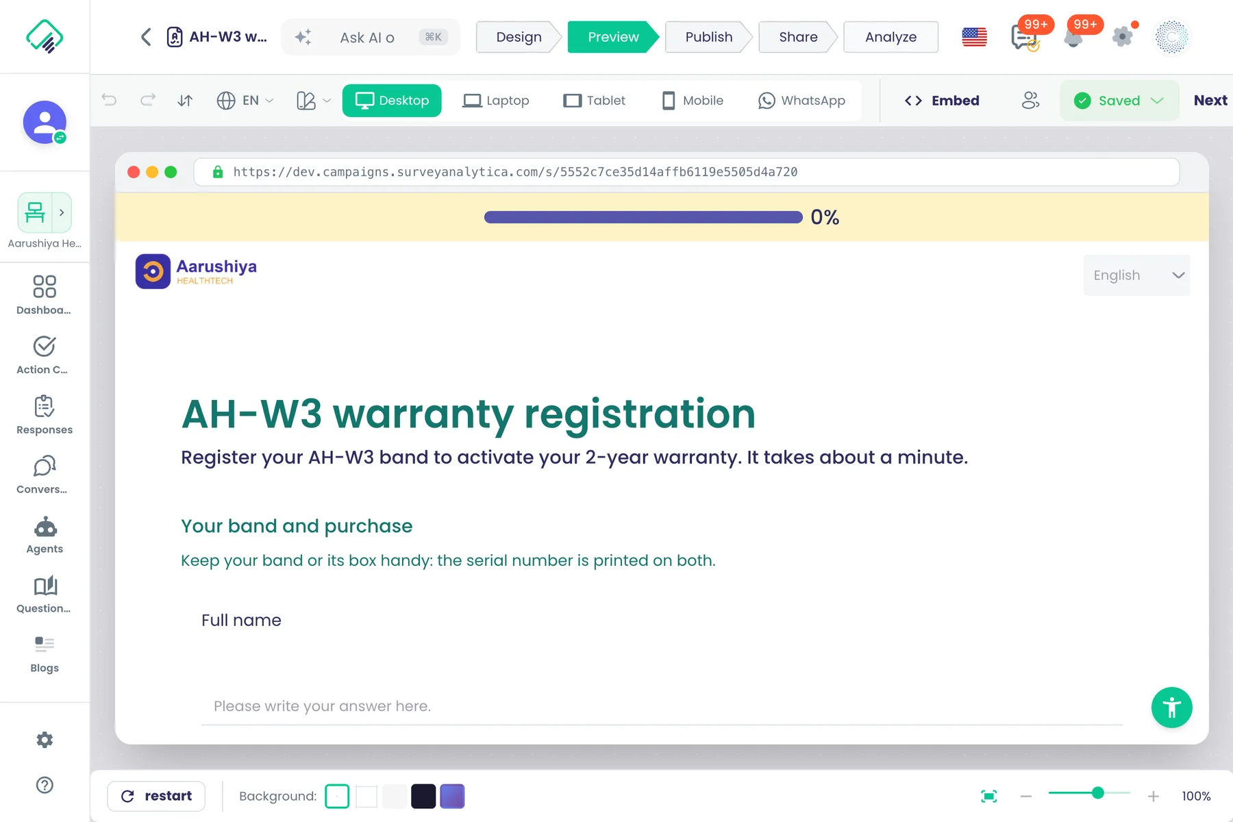 The Preview step of the AH-W3 warranty registration survey at Desktop size, with the Desktop, Laptop, Tablet, Mobile and WhatsApp switch.