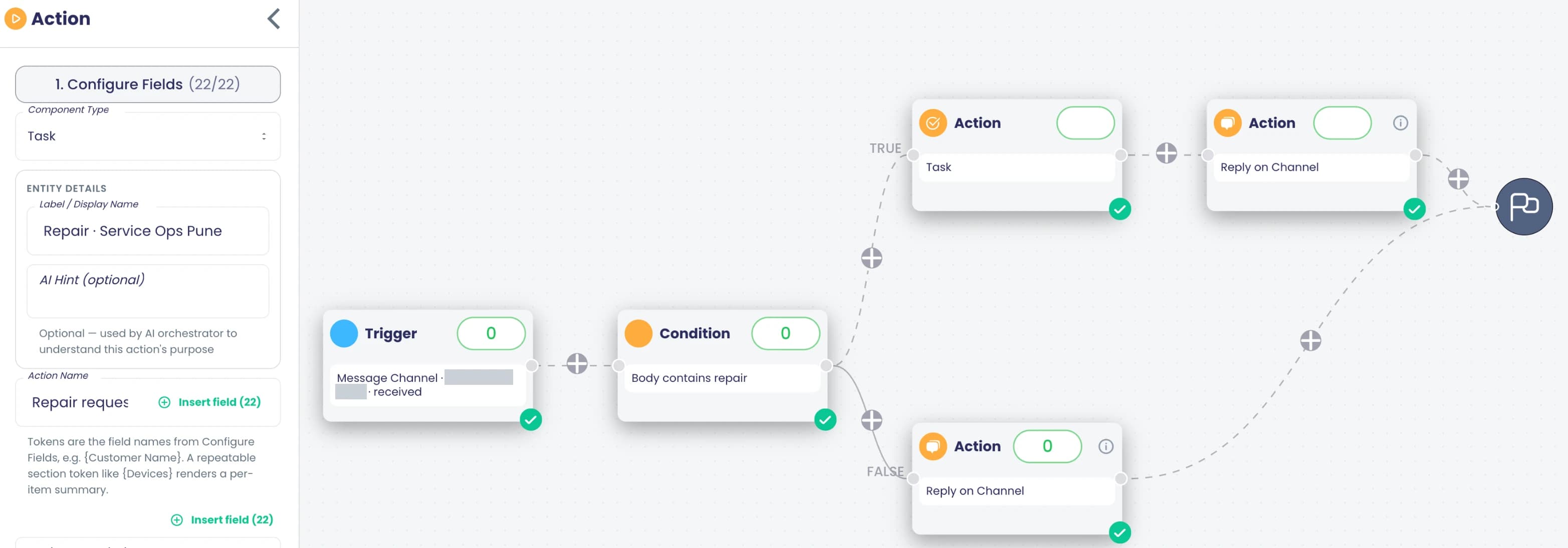 A support-desk flow in the designer: an inbound WhatsApp message is checked for the word repair; if it matches, a task goes to the service team and the customer gets a reply on the same chat; otherwise the customer gets a different reply.