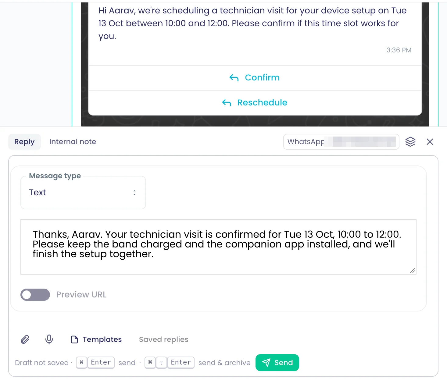 The reply composer under a WhatsApp thread with Aarav, with Reply and Internal note tabs, Templates and Saved replies.