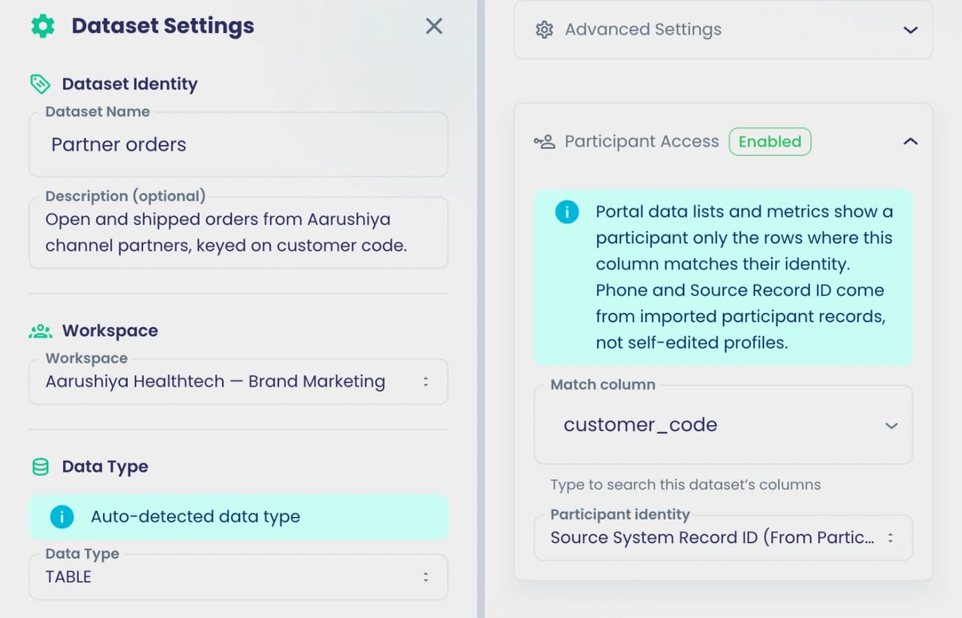 Dataset settings with the partner customer-code column chosen to match each signed-in person.