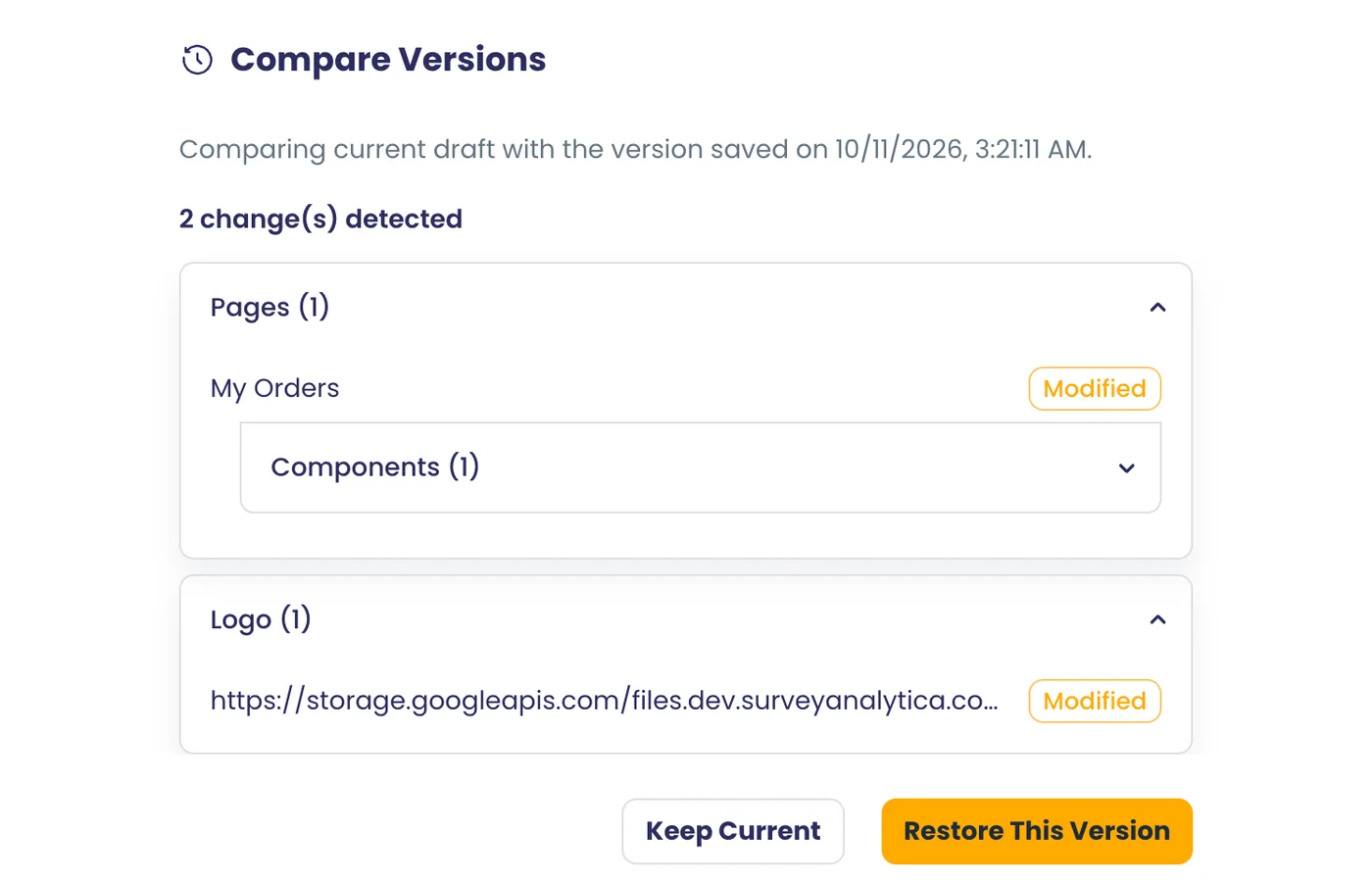 Comparing the current portal with an earlier version: the changed page and logo, with Keep Current and Restore buttons.
