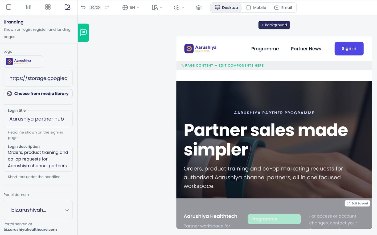 The portal branding panel with the Aarushiya logo, sign-in heading and welcome text, next to the partner programme page with the logo in its header.