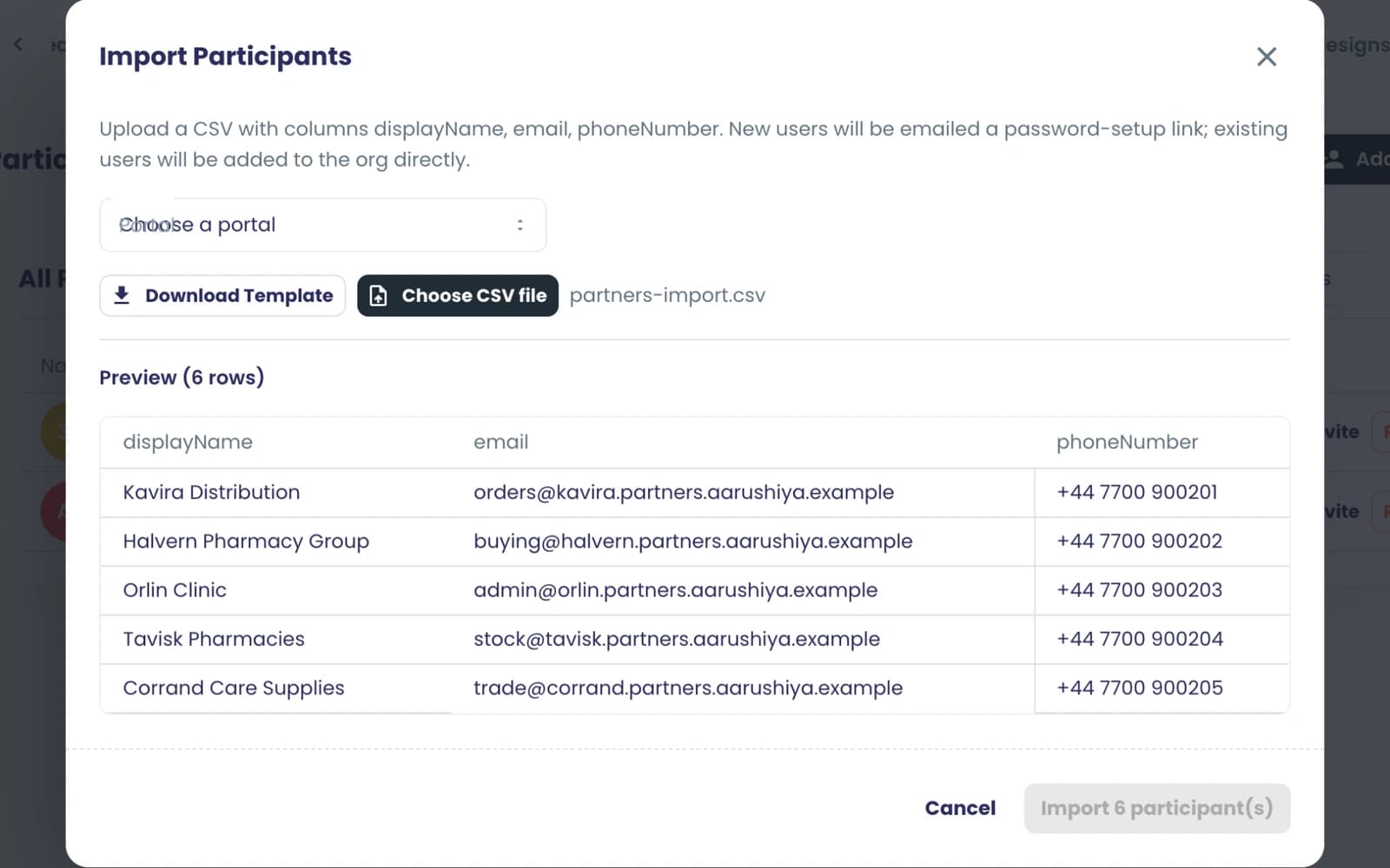A CSV file of partner accounts previewed in the import dialog before the import runs.