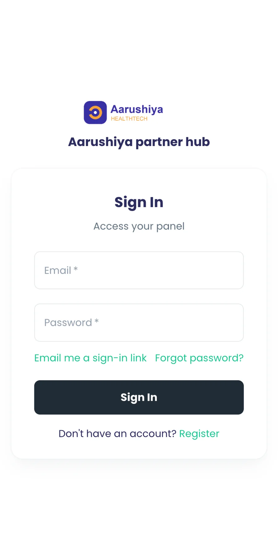 Aarushiya's partner hub sign-in page on a phone, with the Aarushiya logo, the sign-in heading and the option to get a sign-in link by email.