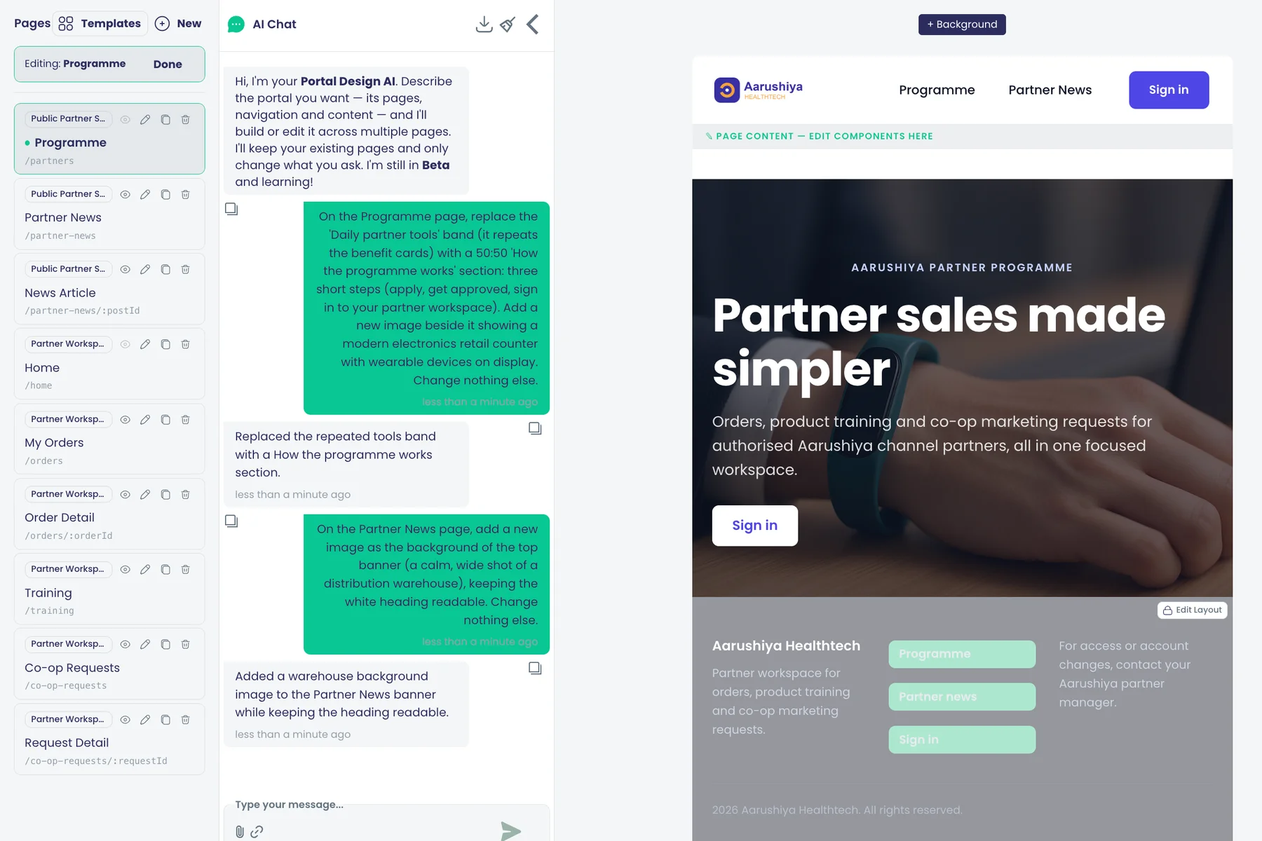 The portal designer: the AI chat asked to rework the programme page and add a banner image, the portal's pages, and the redesigned programme page with its image hero and logo header.
