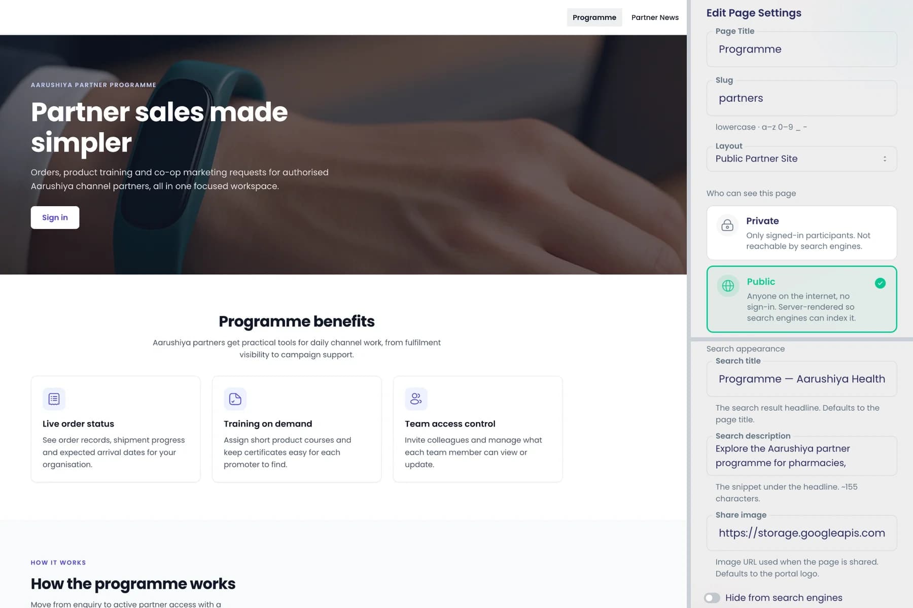 Aarushiya's public partner programme page as a visitor sees it: logo and menu, an image banner with one sign-in button, and programme benefit cards.