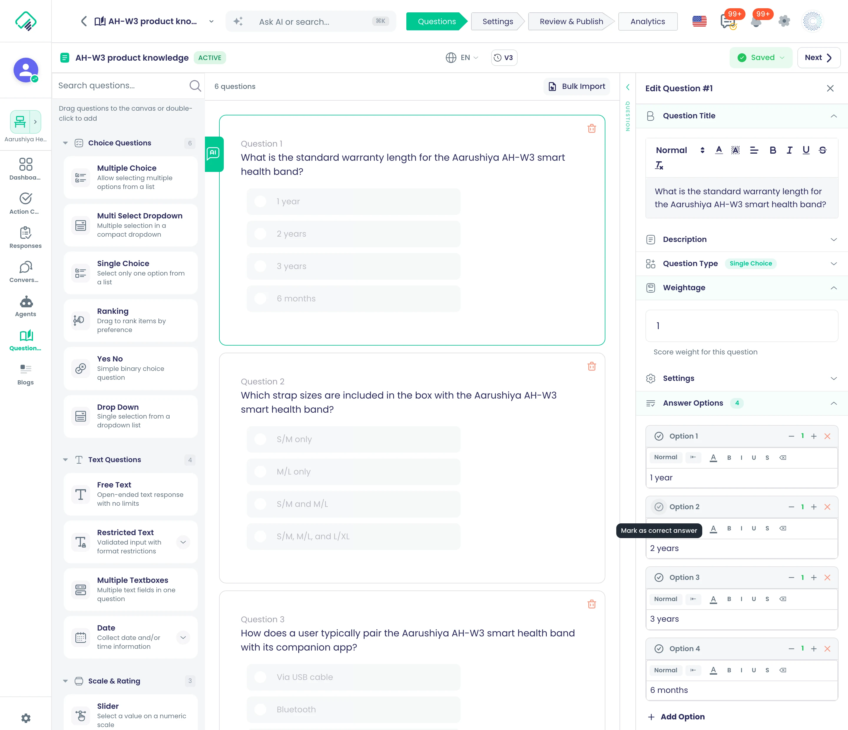 The AH-W3 product knowledge bank in the bank designer: a question open with its Weightage, its answer options and the "Mark as correct answer" control, next to Bulk Import