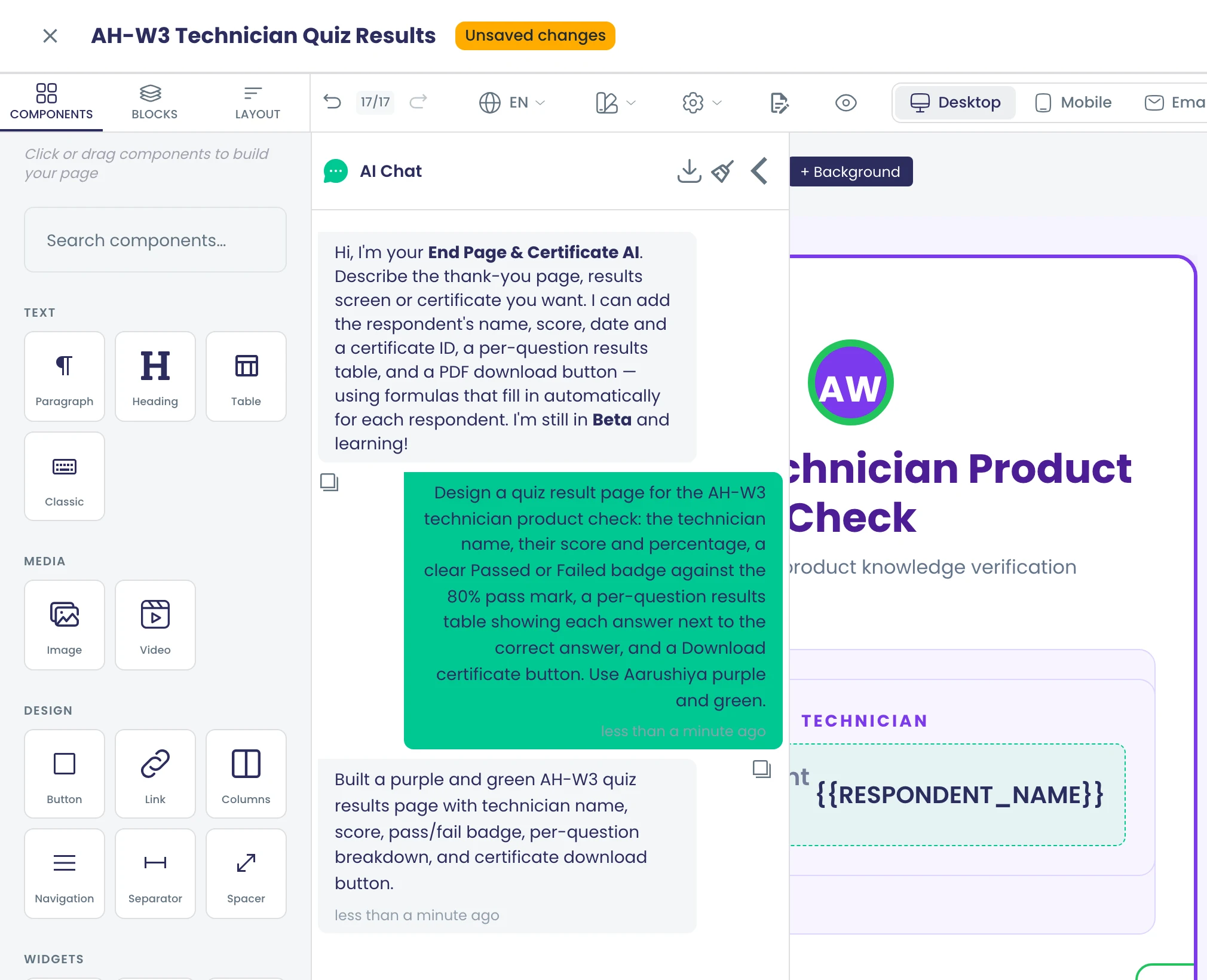 The AI end-page designer: a request for a quiz result page with the name, score, Passed or Failed badge, results table and certificate button, and the page it built with the RESPONDENT_NAME formula