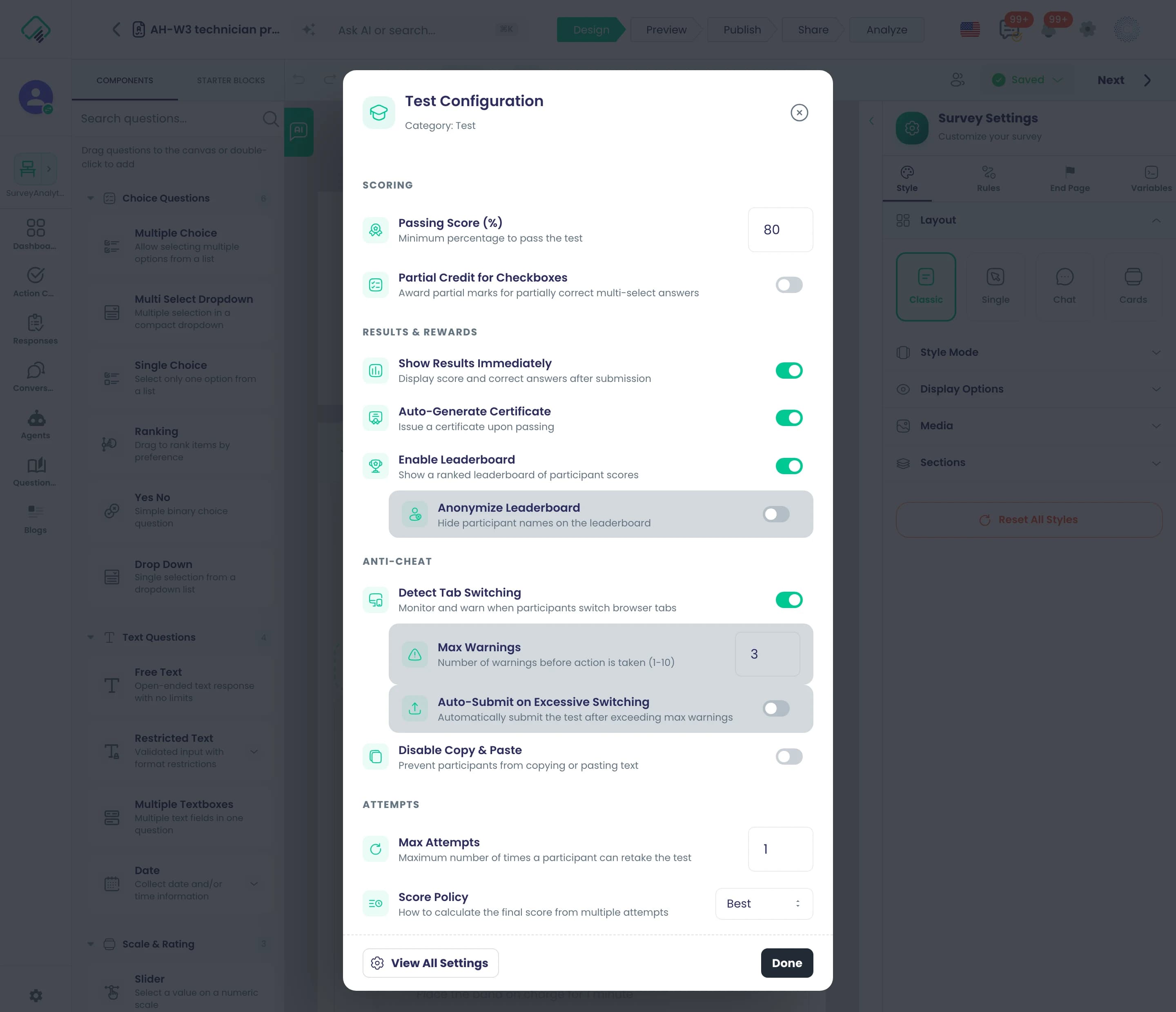 Test Configuration for the AH-W3 technician product check: an 80% passing score, results shown immediately, certificate and leaderboard on, tab-switch detection with three warnings, and attempts with a score policy