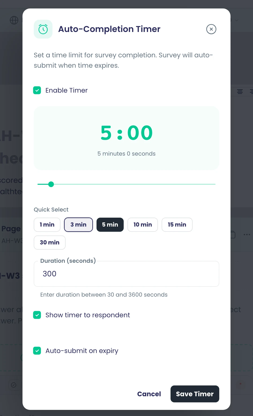 The Auto-Completion Timer dialog: a five-minute limit, shown to the respondent, with auto-submit on expiry