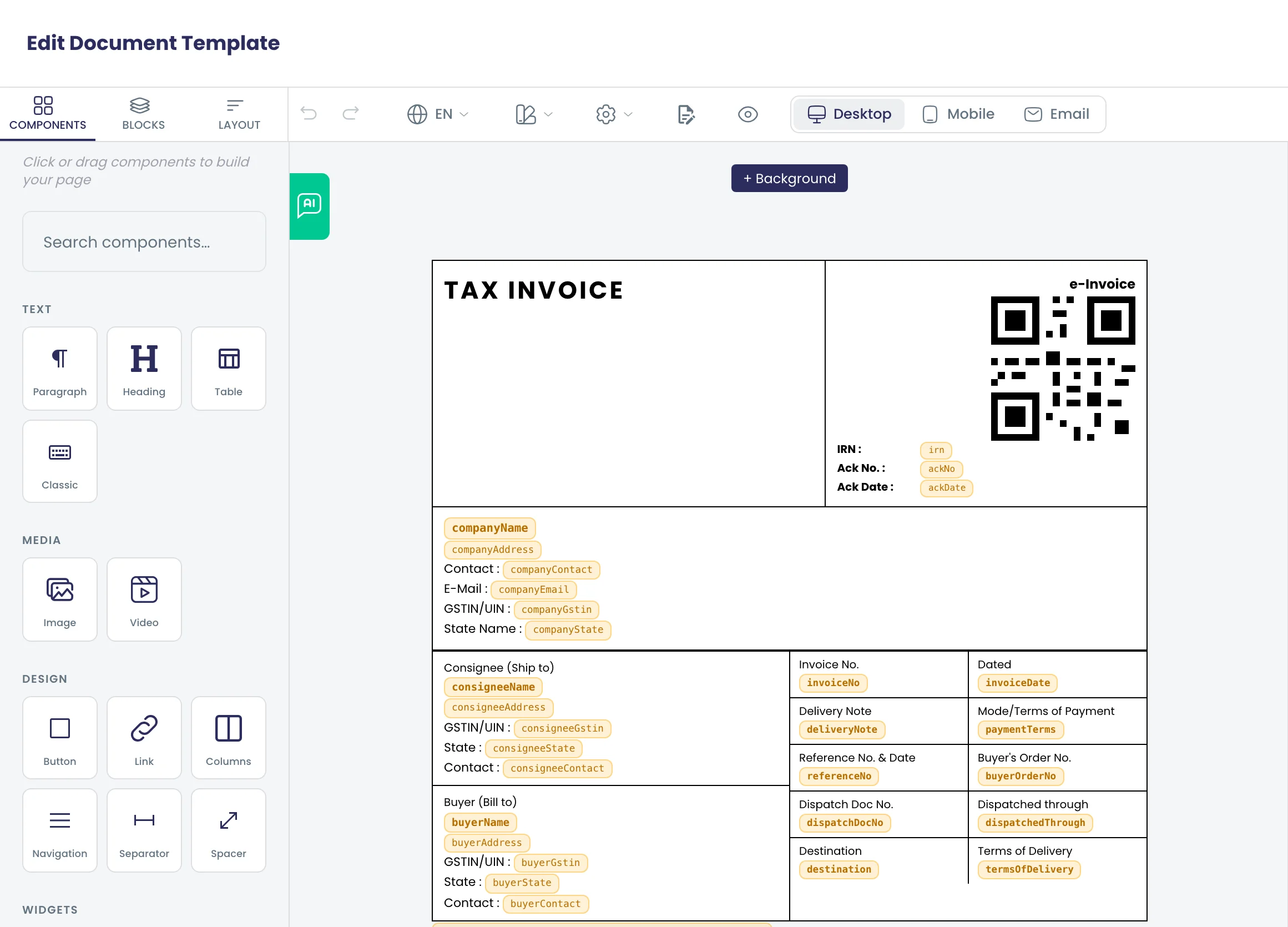 The document template of a Document Generator step: a GST tax invoice with an e-Invoice QR code and record fields such as invoice number, buyer and consignee that fill in for each record.