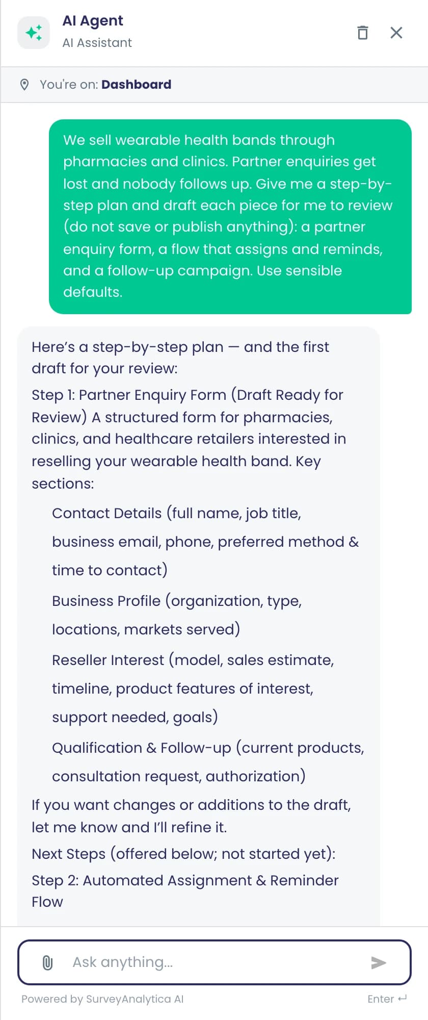 The assistant panel: the partner-enquiry problem as typed, and the reply starting with a step-by-step plan, Step 1 a partner enquiry form and Step 2 an assignment and reminder flow