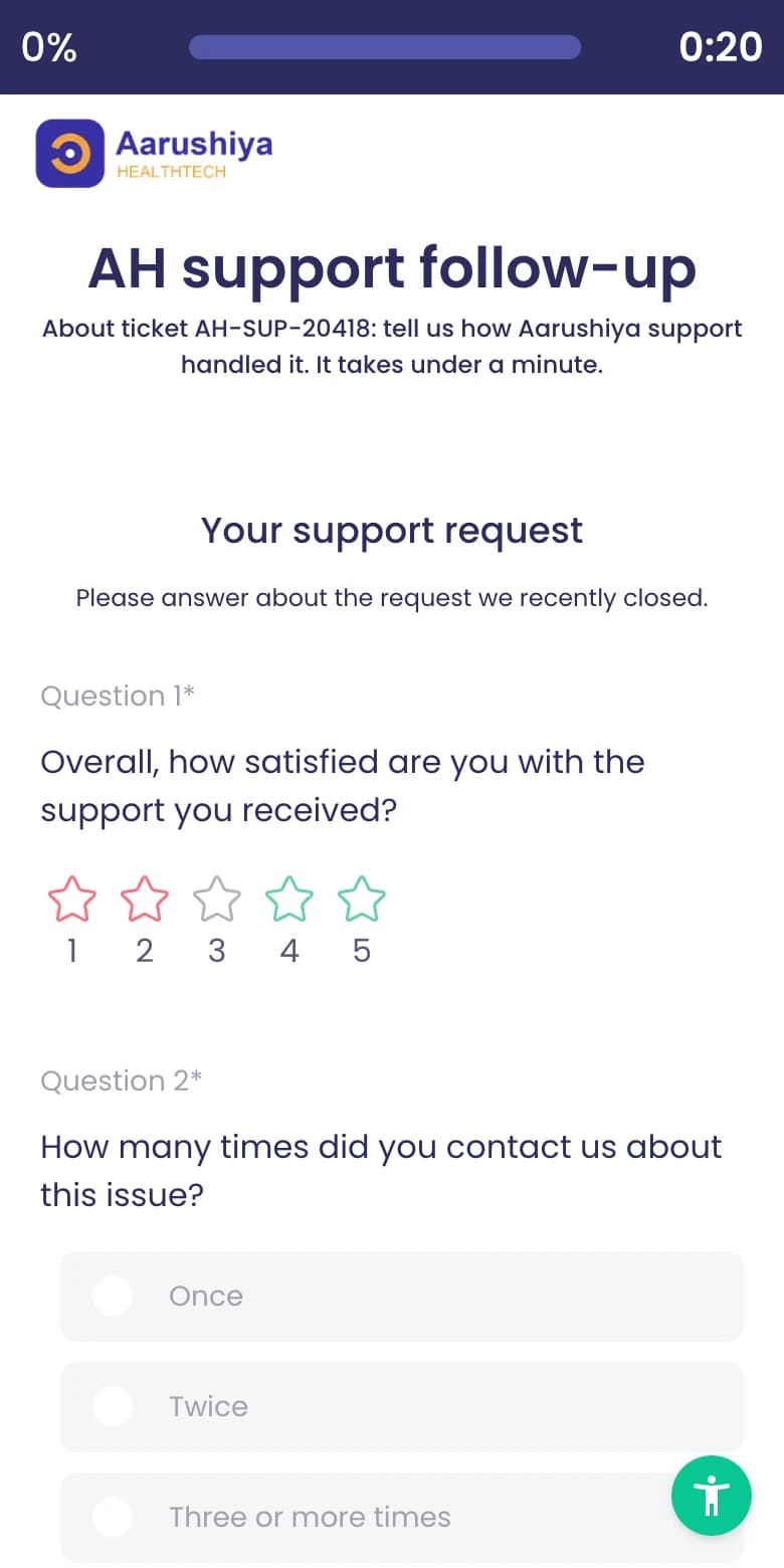 Aarushiya's post-ticket satisfaction survey on a phone, in the Aarushiya theme.