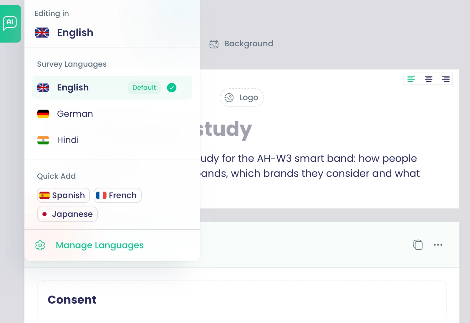 Survey designer with question and page randomisation switched on and three languages listed