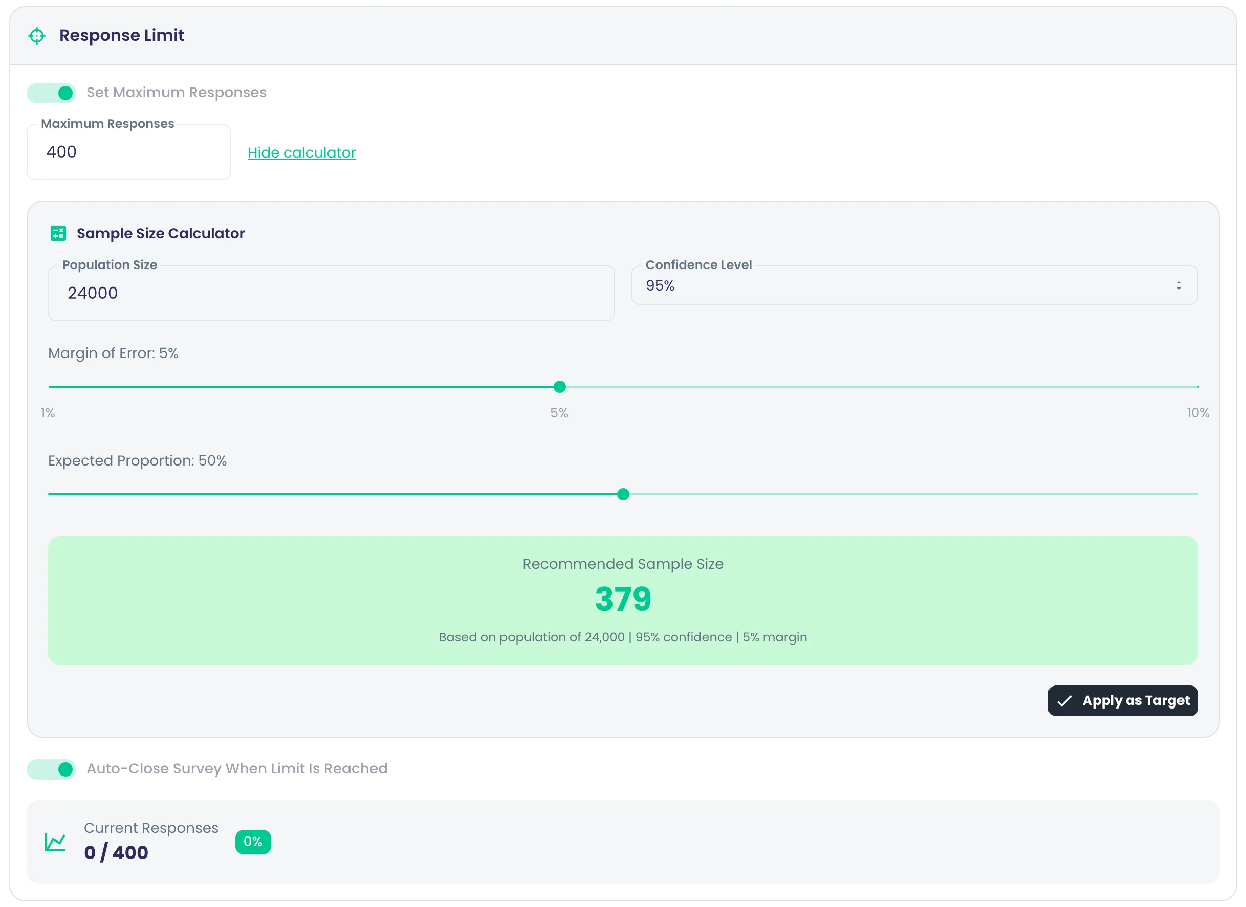 Response Goals on the AH-W3 buyer study: the Sample Size Calculator recommends 379 responses for a population of 24,000 at 95% confidence and a 5% margin, next to a 400-response limit with auto-close on