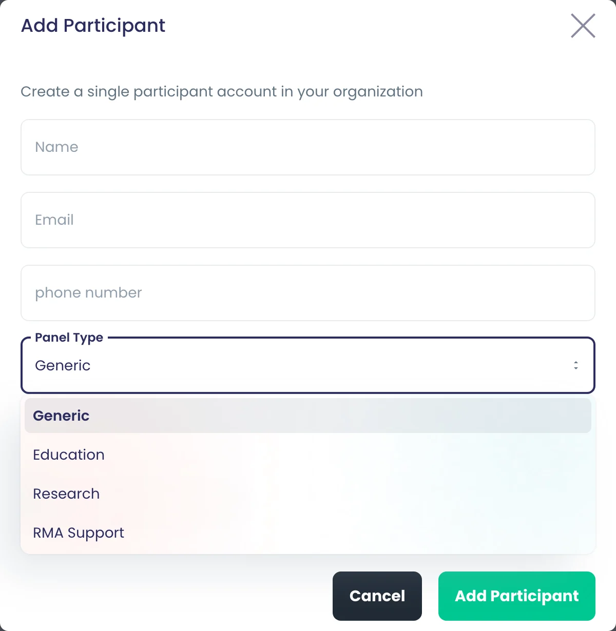 Add Participant in the Participants admin with the Panel Type list open: Generic, Education, Research and RMA Support