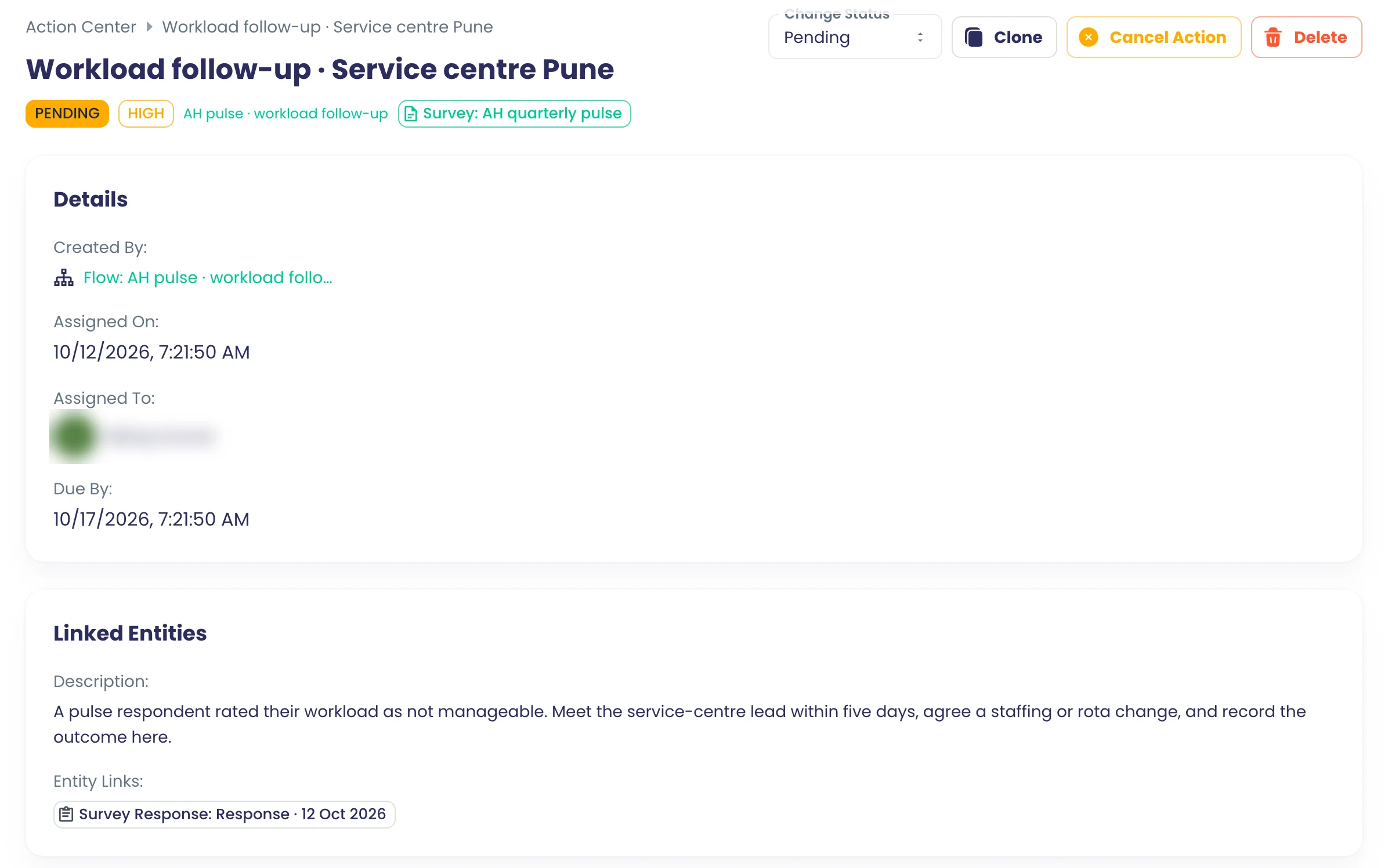 An Action Center task 'Workload follow-up · Service centre Pune', HIGH priority, created by the pulse flow from one pulse response, due five days after it was assigned.