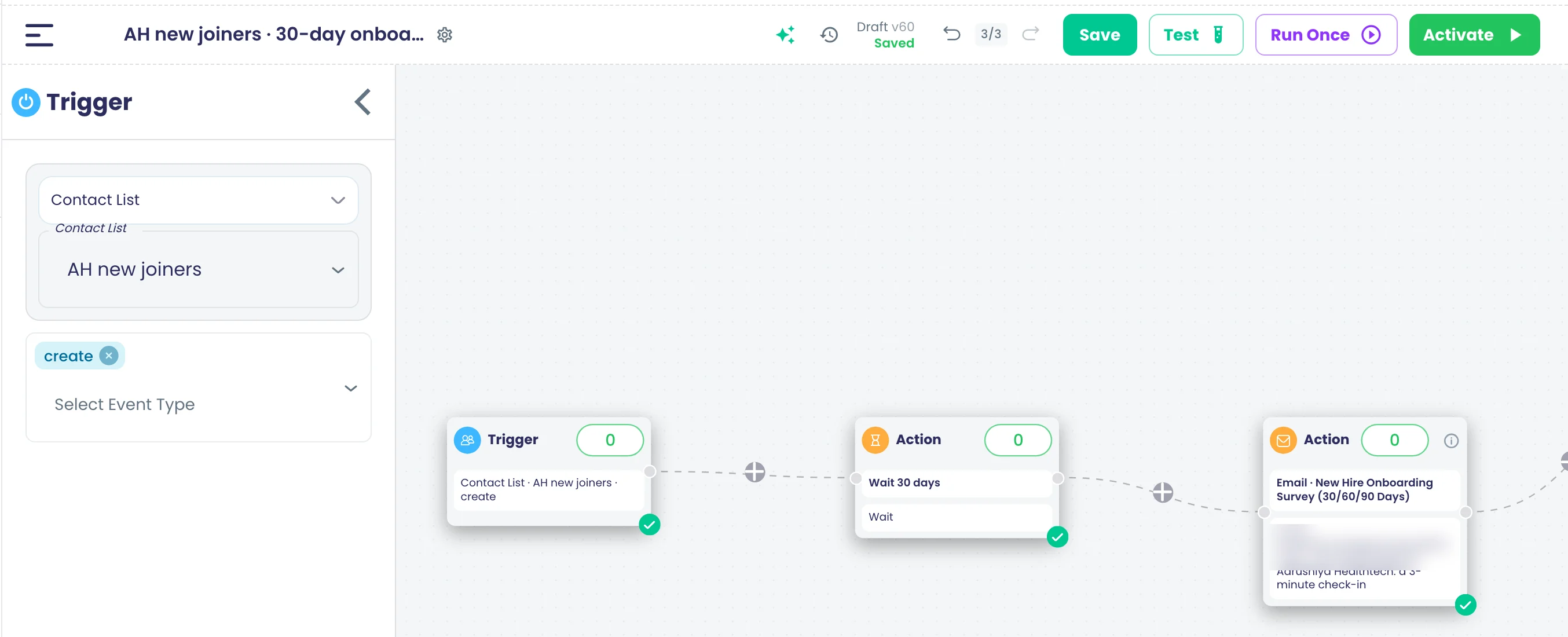 A flow on the 'AH new joiners' contact list: when a joiner is added, wait 30 days, then email the New Hire Onboarding Survey (30/60/90 Days).