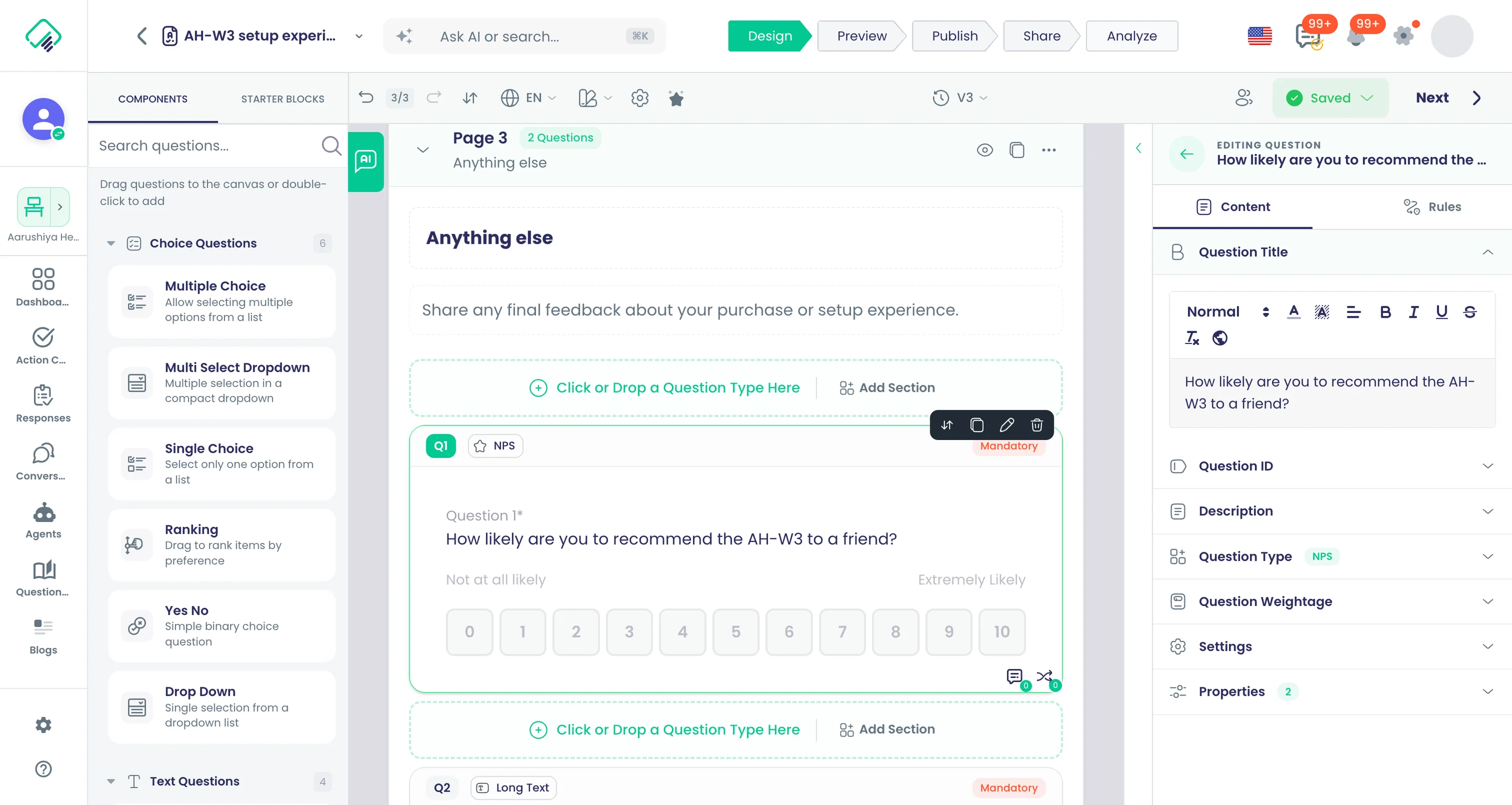 The survey designer with the Components palette on the left, the 'AH-W3 setup experience' survey on the canvas and its 0 to 10 recommendation question selected.