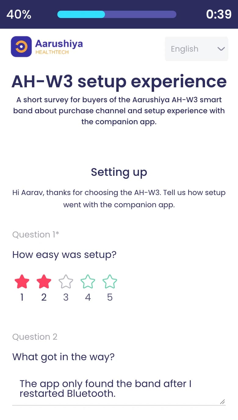 A survey on a phone greeting 'Hi Aarav' from the link, with a setup rating of 2 and the follow-up question shown below.