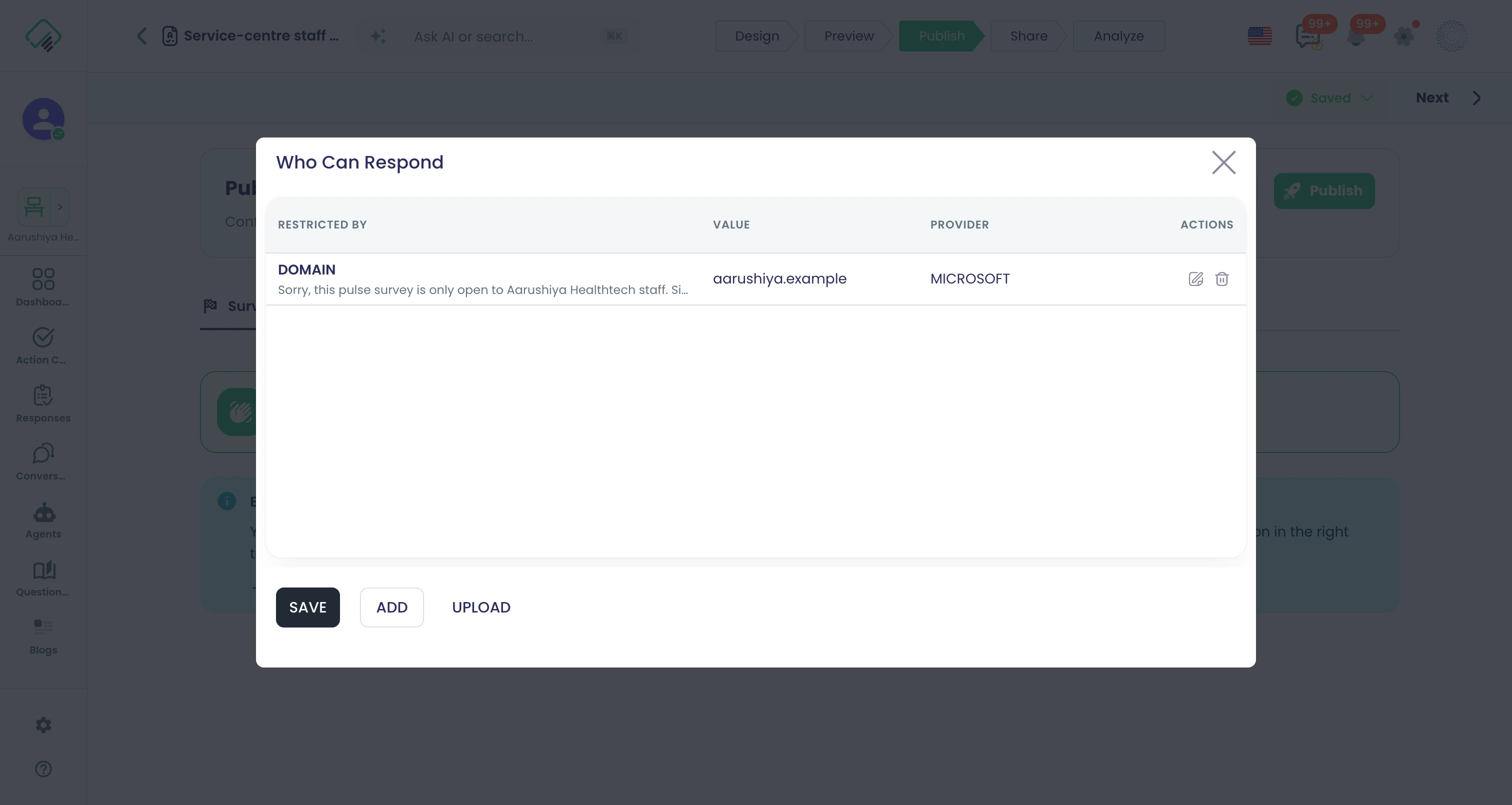 Publish settings of an internal staff survey: a domain restriction to aarushiya.example with sign-in, a start and end date, and one response per person.