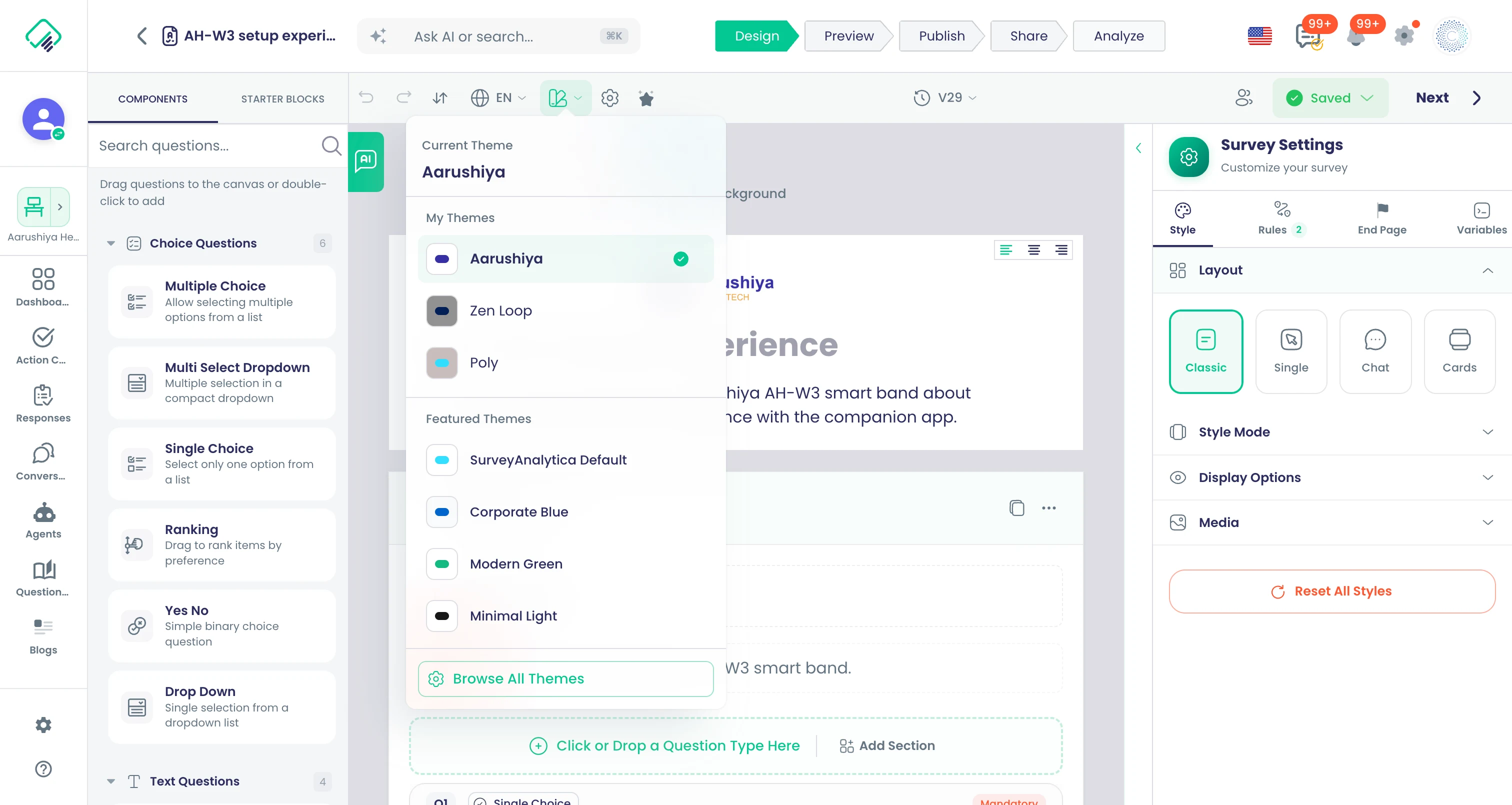 The Themes panel with a saved indigo and saffron theme named Aarushiya selected and the themed survey page beside it.