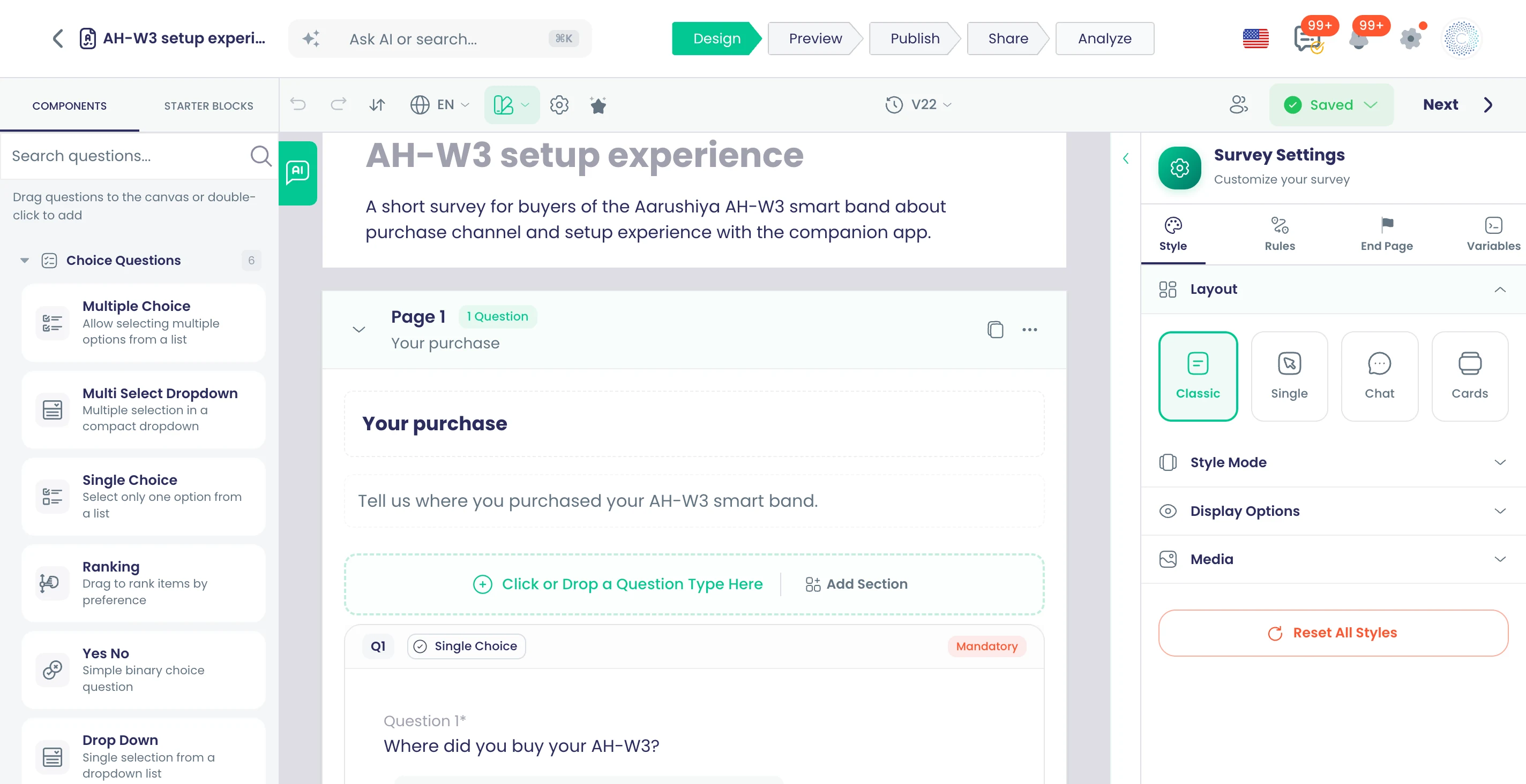 The AI Assistant drafting a setup-experience survey for the AH-W3 band from a typed brief, with the generated pages appearing.