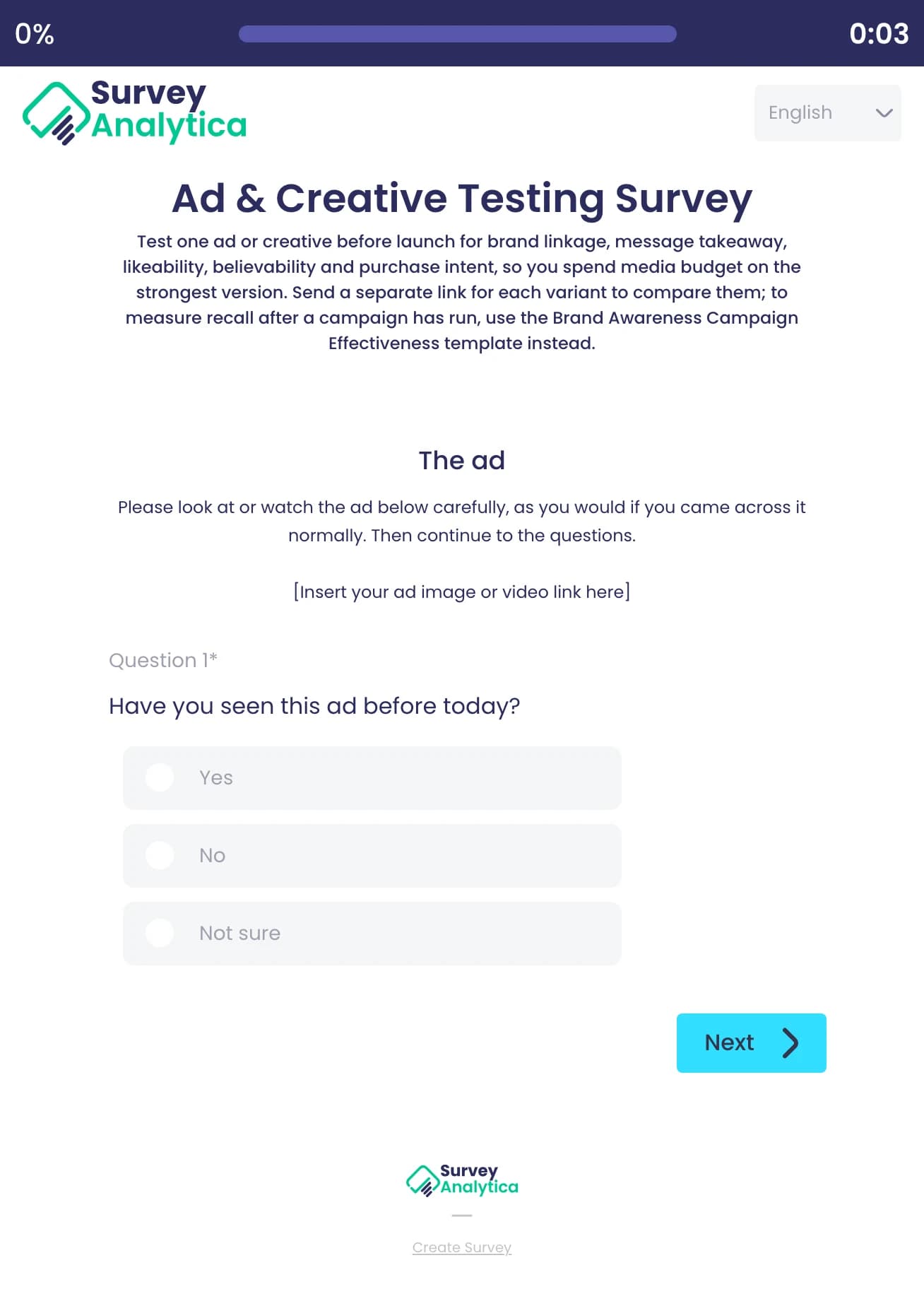 Ad & Creative Testing Survey template preview: A placeholder for the ad, then whether the respondent has seen it before today.