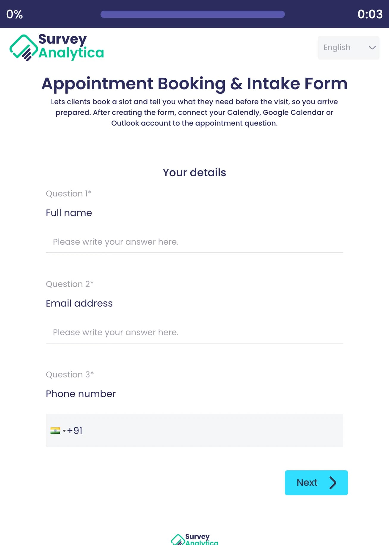 Appointment Booking & Intake Form template preview: Full name, email address and phone number on the first page.