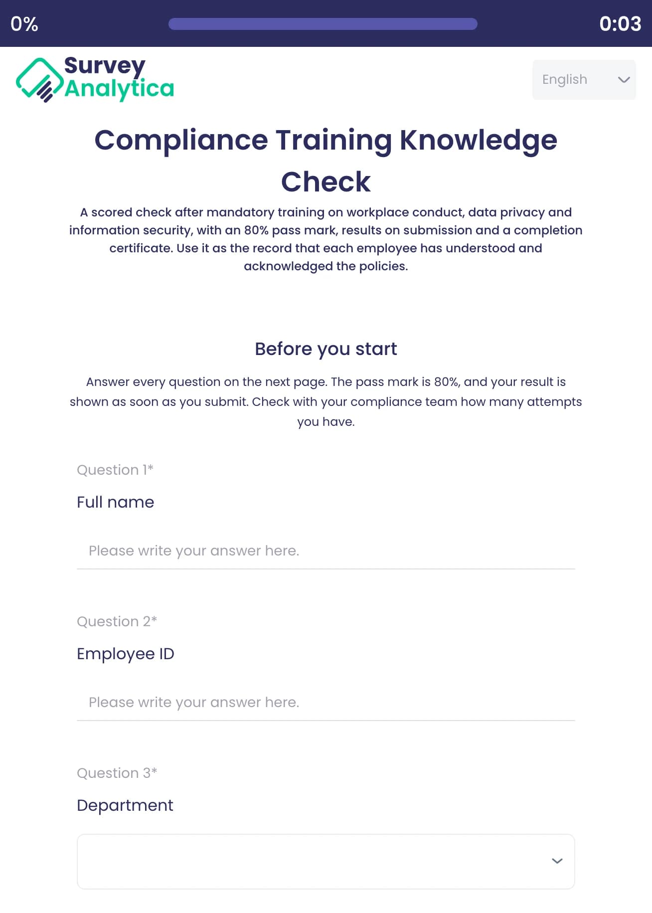 Compliance Training Knowledge Check template preview: The introduction, then the first questions: full name, employee ID and department.