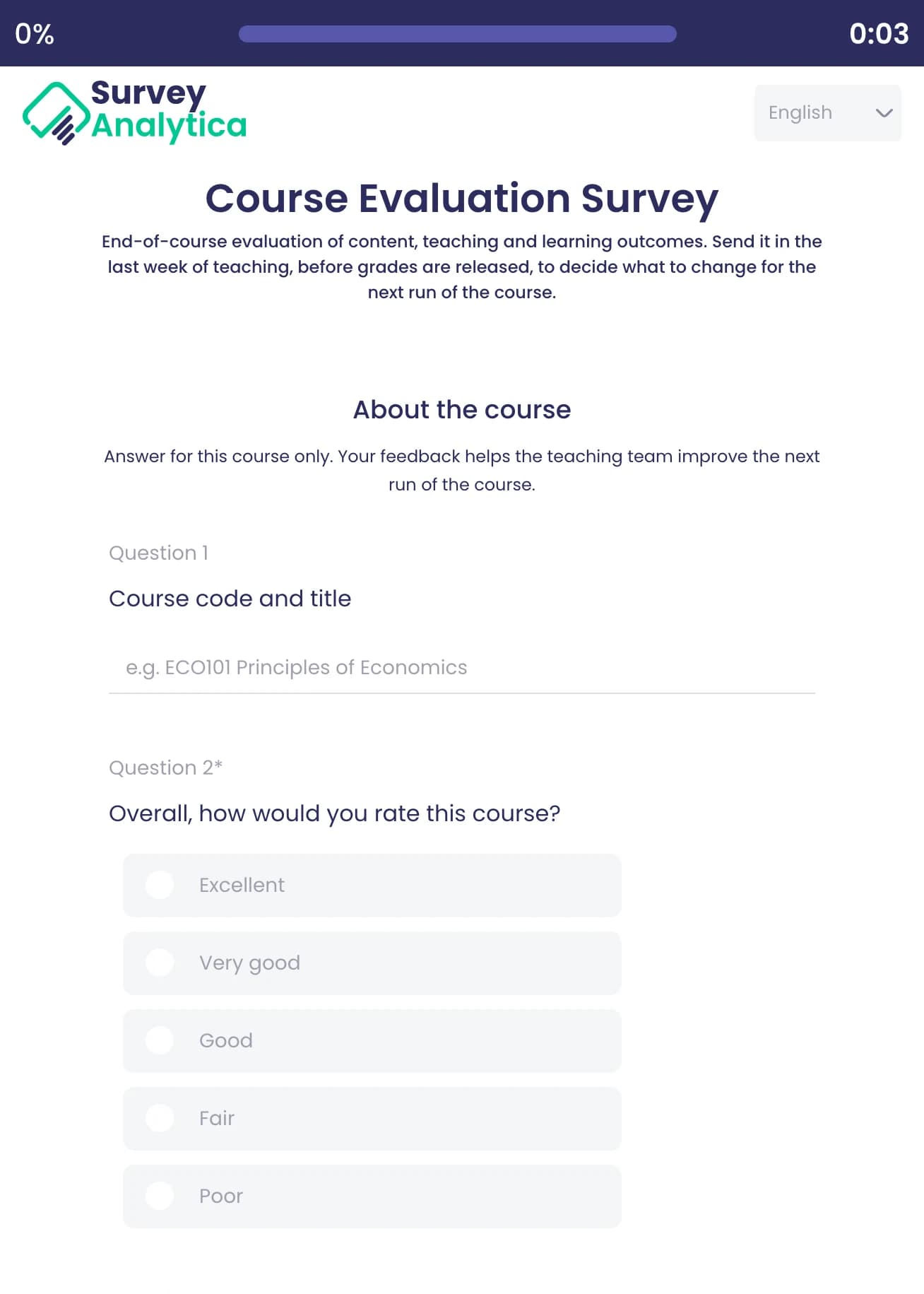 Course Evaluation Survey template preview: Course code and title, then an overall course rating from Excellent to Poor.