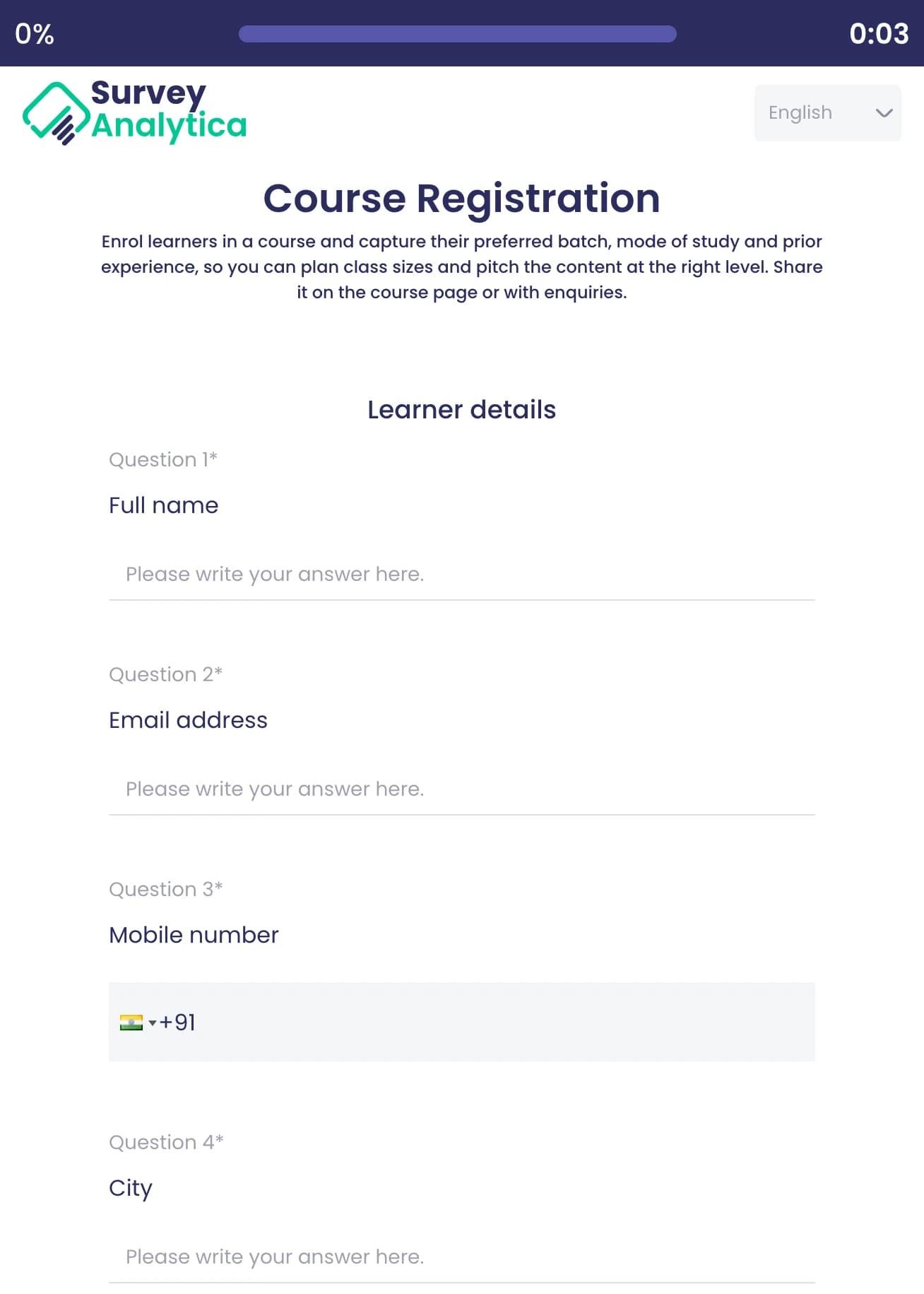 Course Registration template preview: Learner details: full name, email address, mobile number and city.