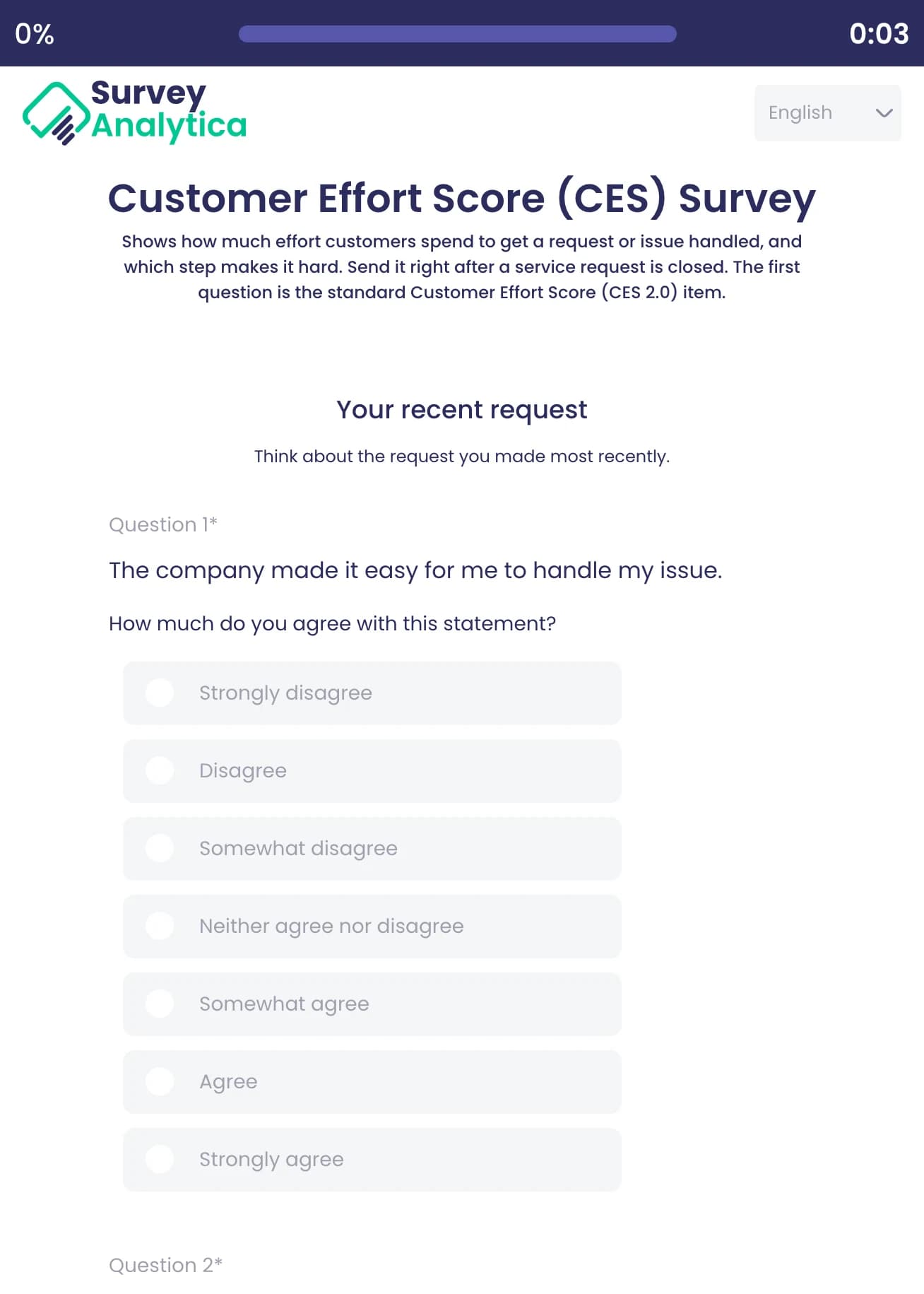 Customer Effort Score (CES) Survey template preview: The standard CES statement, “The company made it easy for me to handle my issue”, on a seven-point agreement scale.