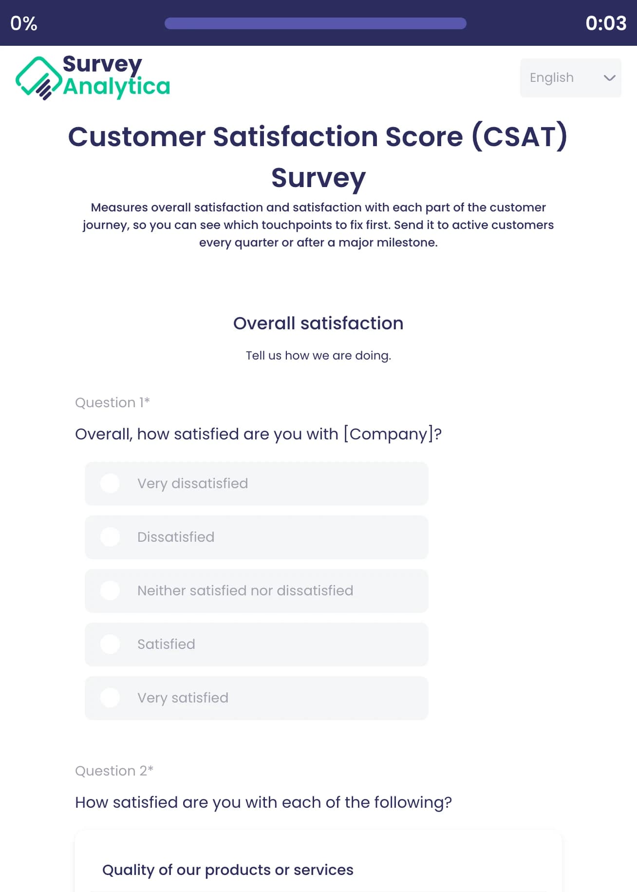 Customer Satisfaction Score (CSAT) Survey template preview: Overall satisfaction from Very dissatisfied to Very satisfied, then satisfaction with each part of the experience.