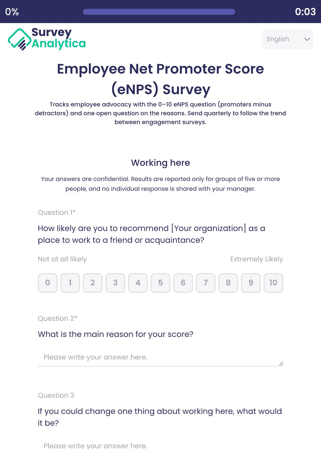 Employee Net Promoter Score (eNPS) Survey template preview: The 0 to 10 recommendation question, then the main reason for the score.