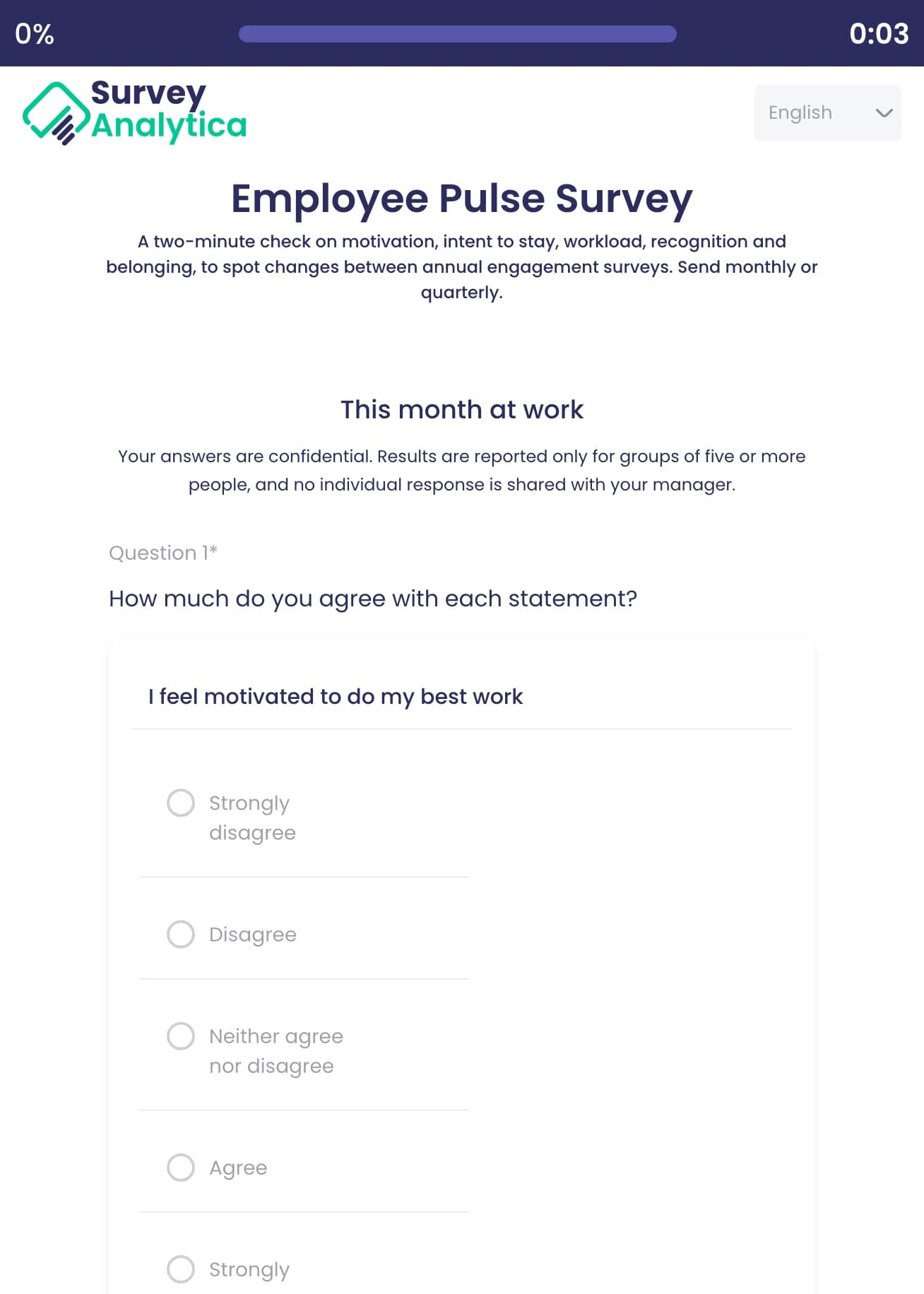 Employee Pulse Survey template preview: Agreement statements, starting with “I feel motivated to do my best work”.