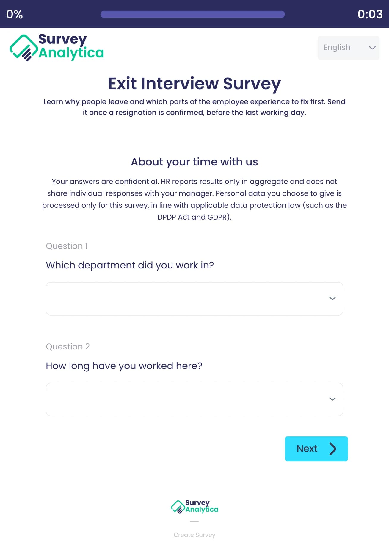 Exit Interview Survey template preview: Which department the employee worked in and how long they worked there.