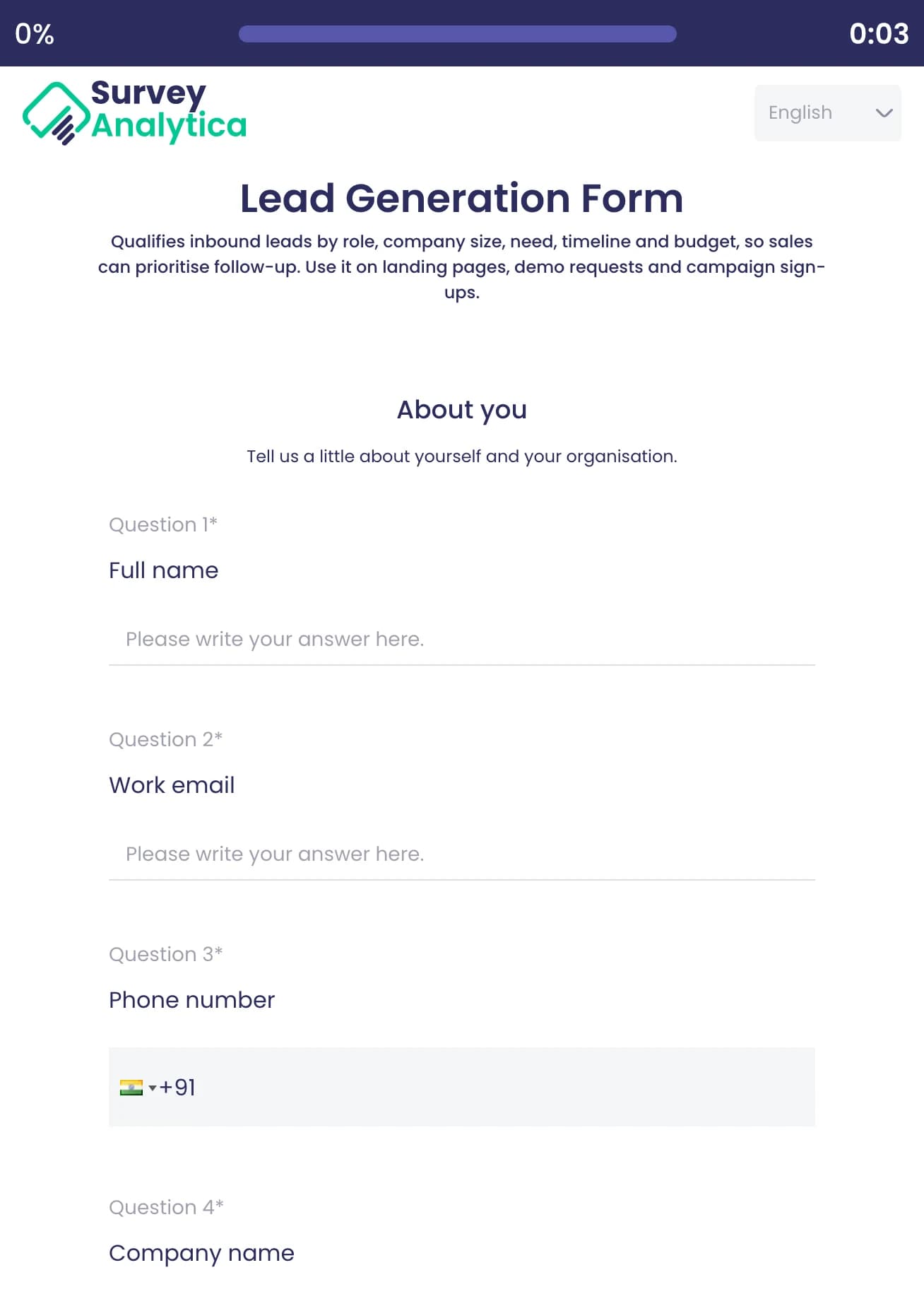 Lead Generation Form template preview: Full name, work email, phone number and company name.