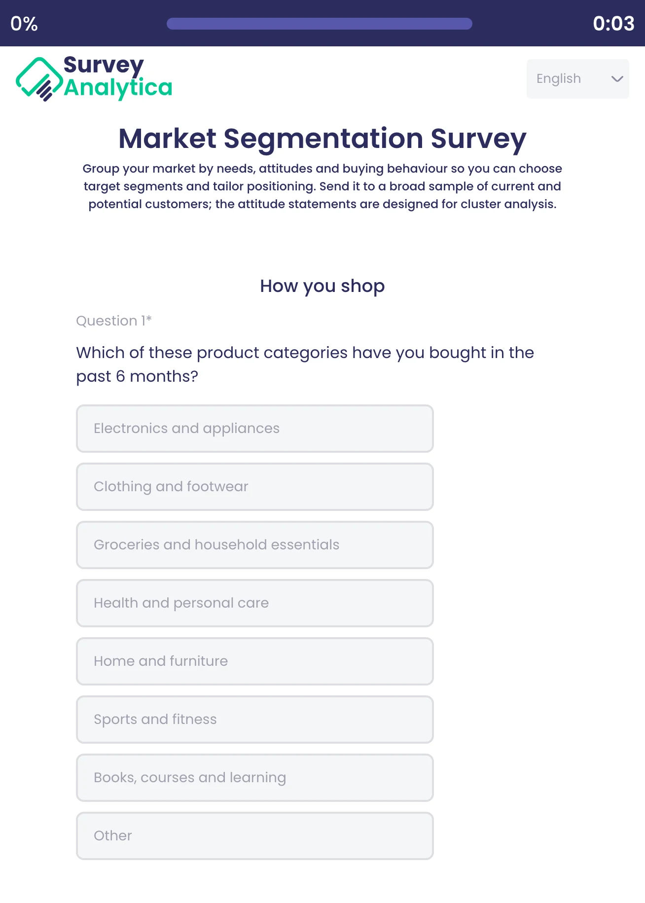 Market Segmentation Survey template preview: Which product categories the respondent has bought in the past six months.