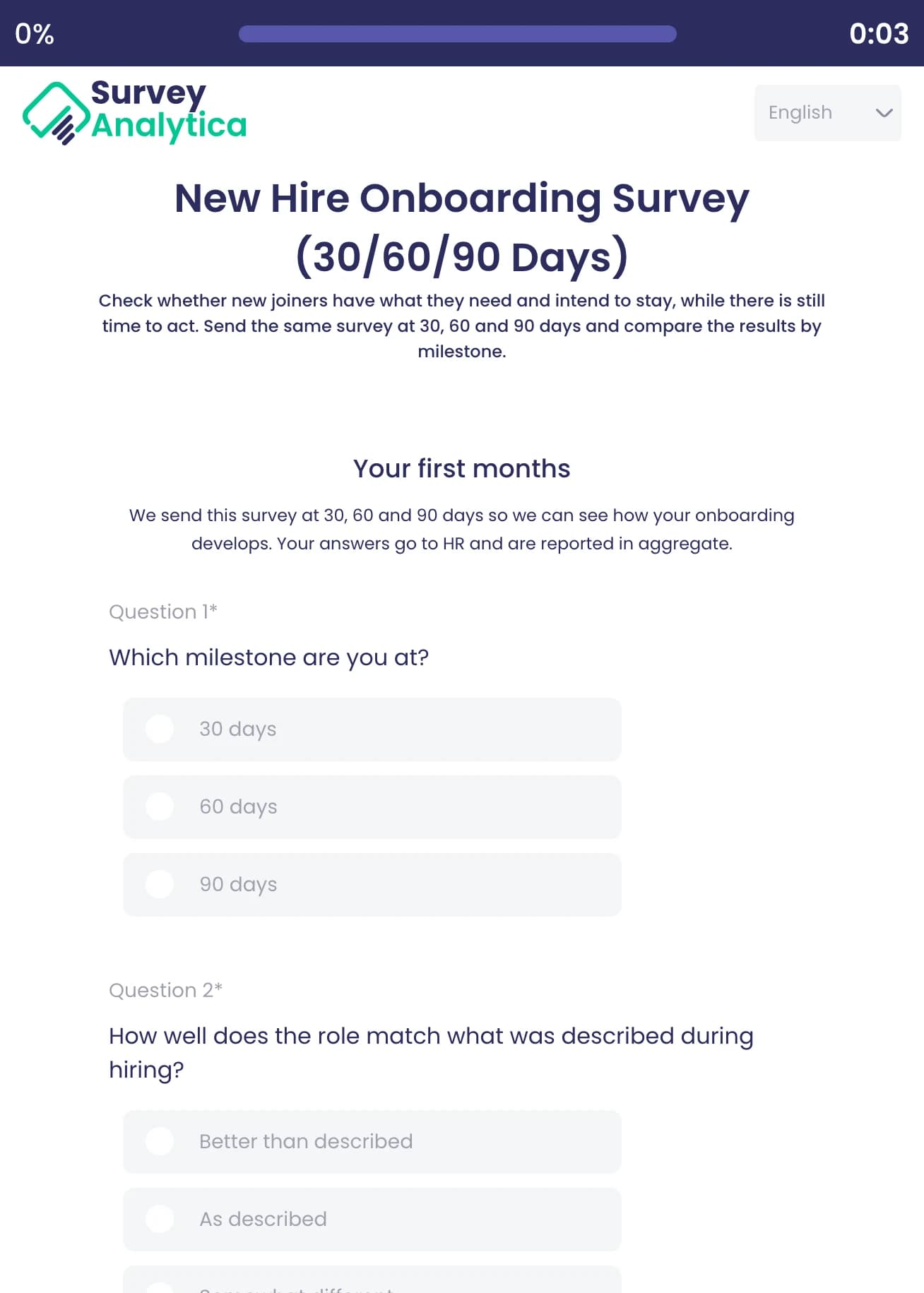 New Hire Onboarding Survey (30/60/90 Days) template preview: Which milestone the new joiner is at (30, 60 or 90 days), then how well the role matches what was described.