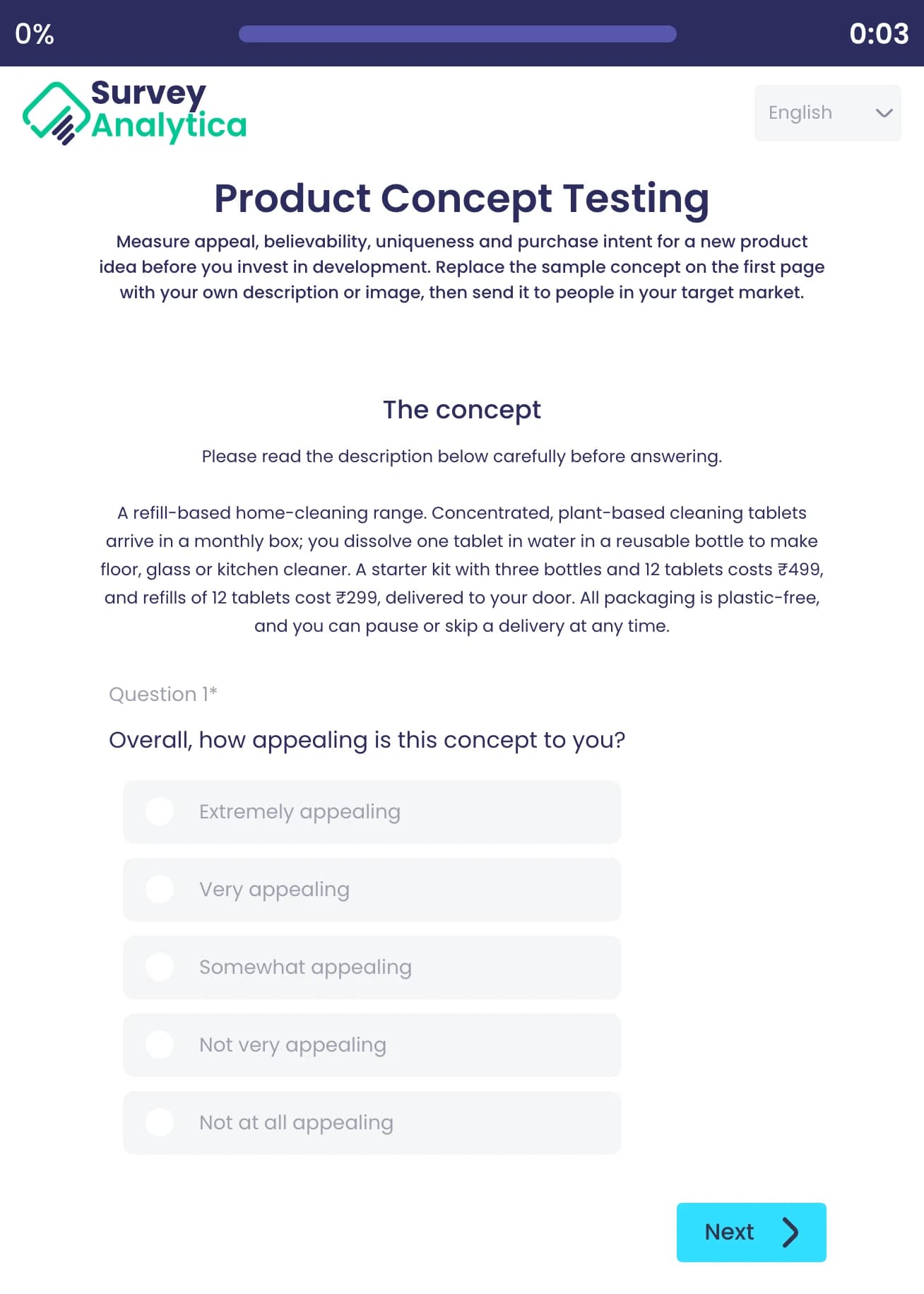 Product Concept Testing template preview: A sample concept description, then how appealing the concept is, from Extremely appealing to Not at all appealing.