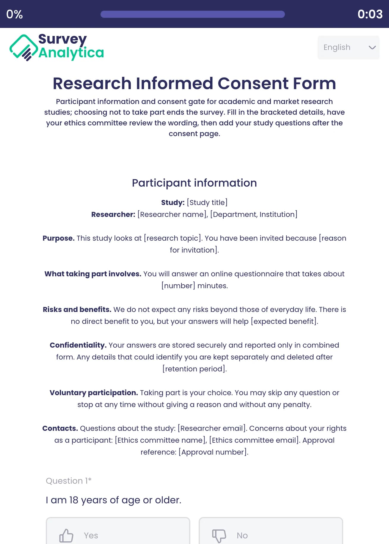 Research Informed Consent Form template preview: The participant information sheet, then a Yes or No answer to “I am 18 years of age or older”.