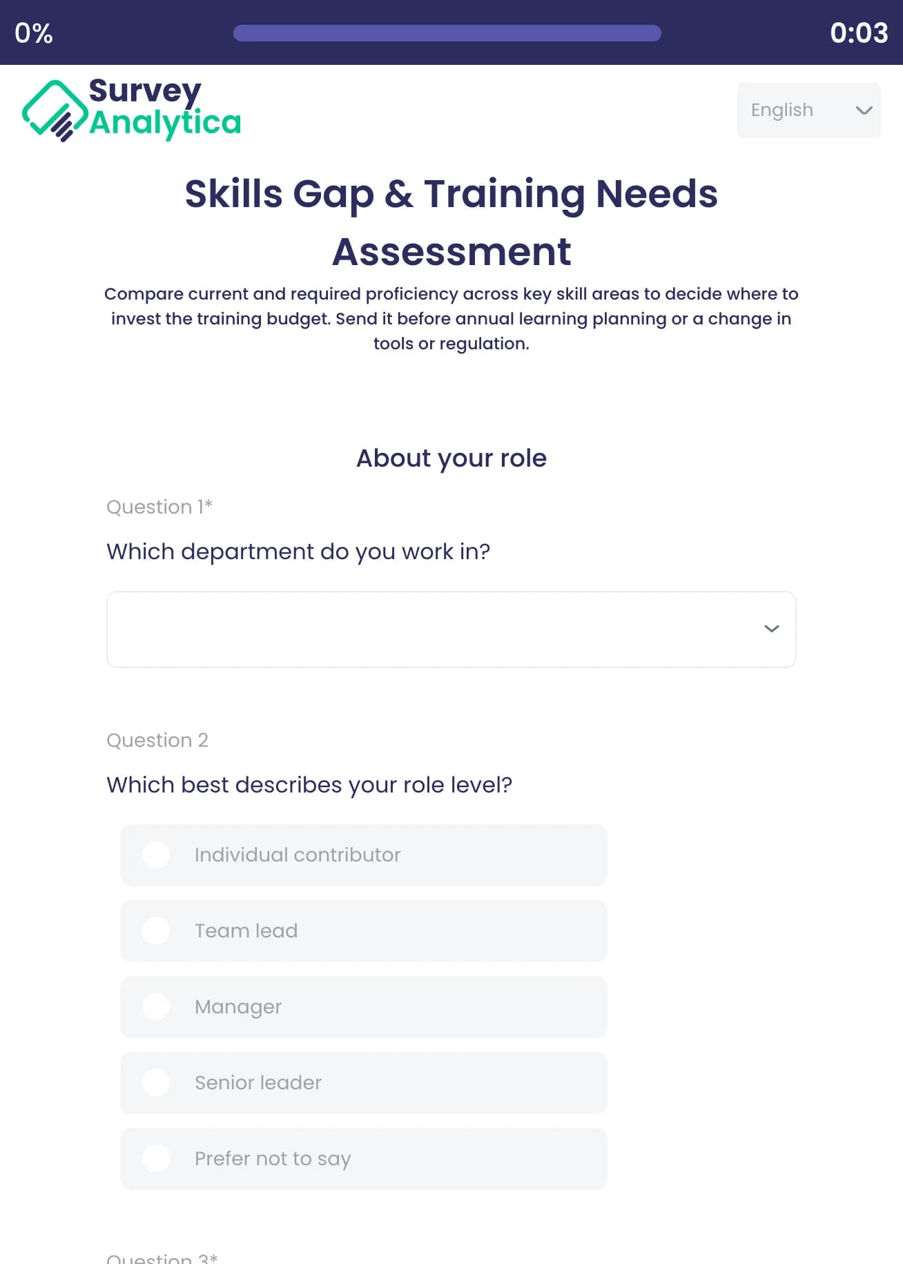 Skills Gap & Training Needs Assessment template preview: The respondent’s department, then their role level.