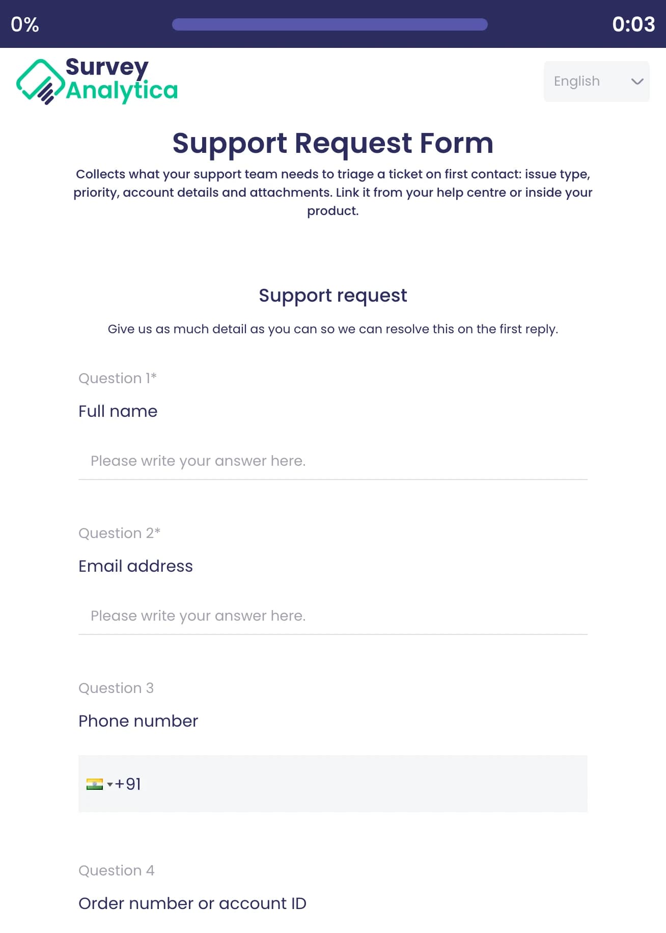 Support Request Form template preview: Full name, email address, phone number and order number or account ID.