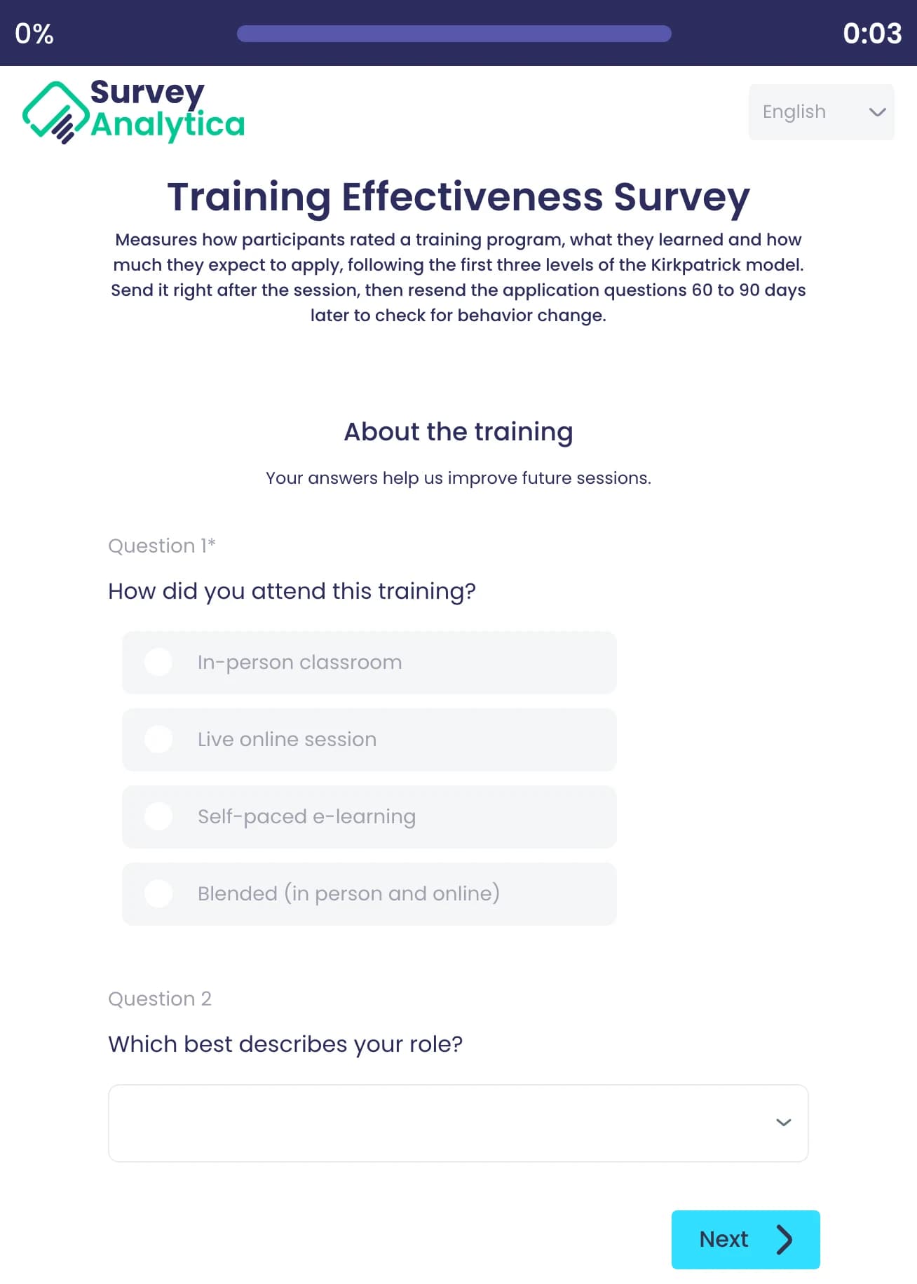 Training Effectiveness Survey template preview: How the participant attended the training, then which best describes their role.